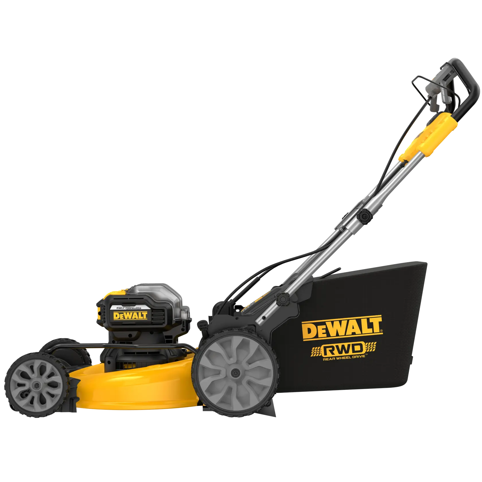 A DEWALT rear wheel drive lawn mower with a yellow and black design, featuring large rear wheels, a grass collection bag, and a sturdy handle.