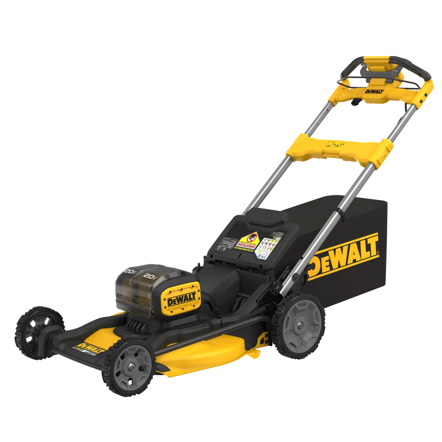A DEWALT cordless electric lawn mower with a yellow and black design, featuring a rear grass collection bag, ergonomic handle, and dual battery setup.