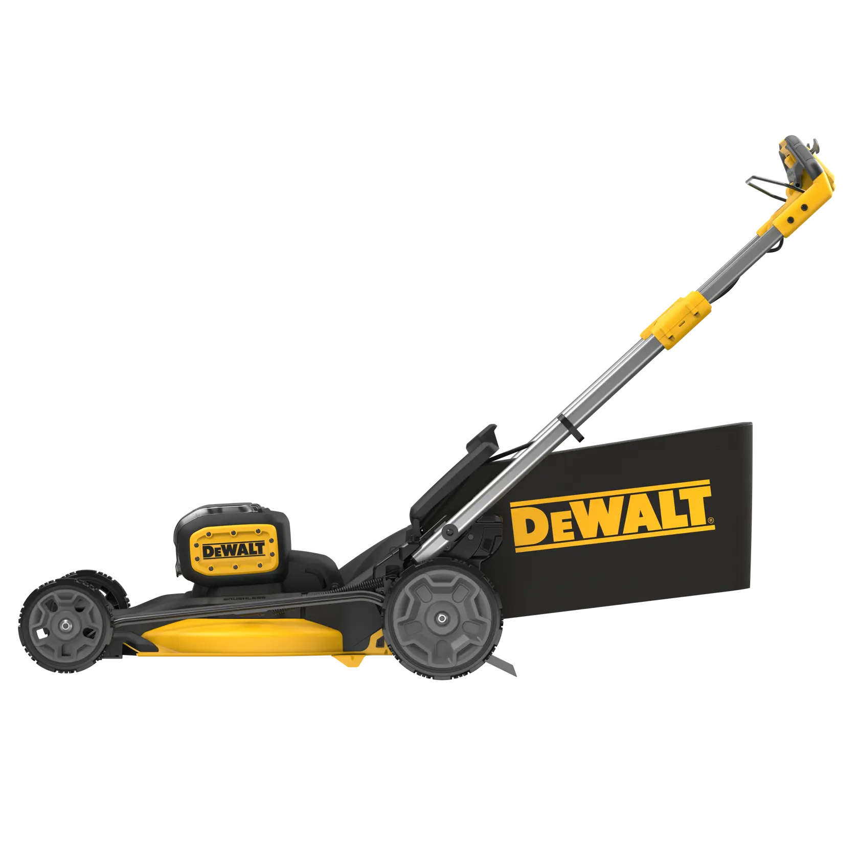Side view of a DEWALT cordless electric lawn mower with a black and yellow design, featuring a grass collection bag attached to the rear.