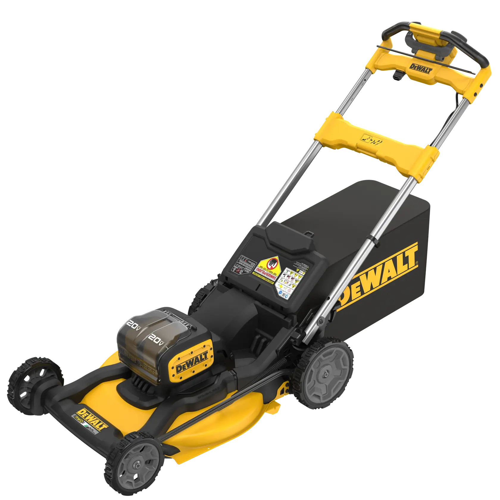 A DEWALT cordless electric lawn mower with a yellow and black color scheme, visible battery compartment, sturdy wheels, and a large grass collection bag attached at the back.