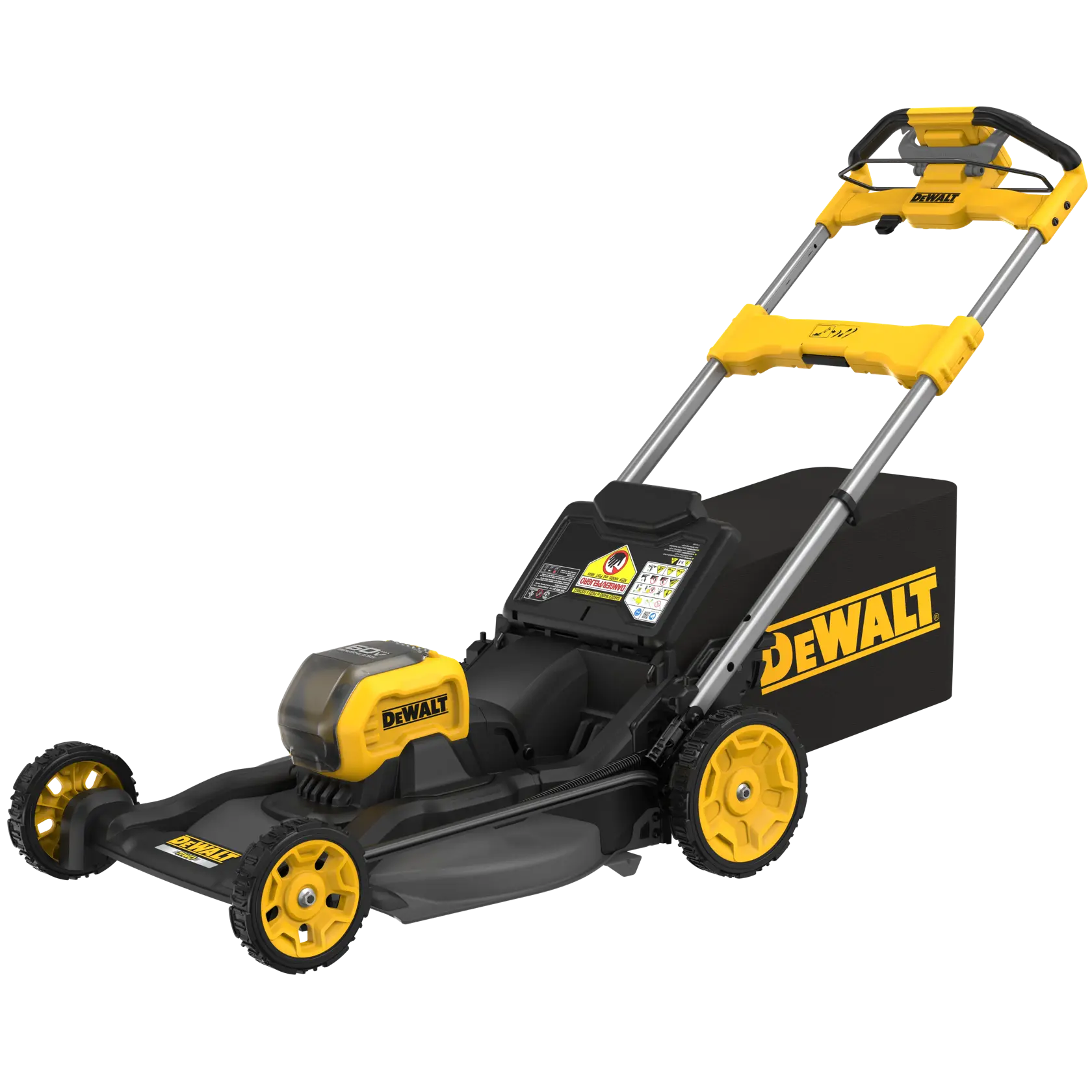A DEWALT branded electric lawn mower with a yellow and black color scheme, featuring large rear wheels, a sturdy handle, and a grass collection bag attached to the back.