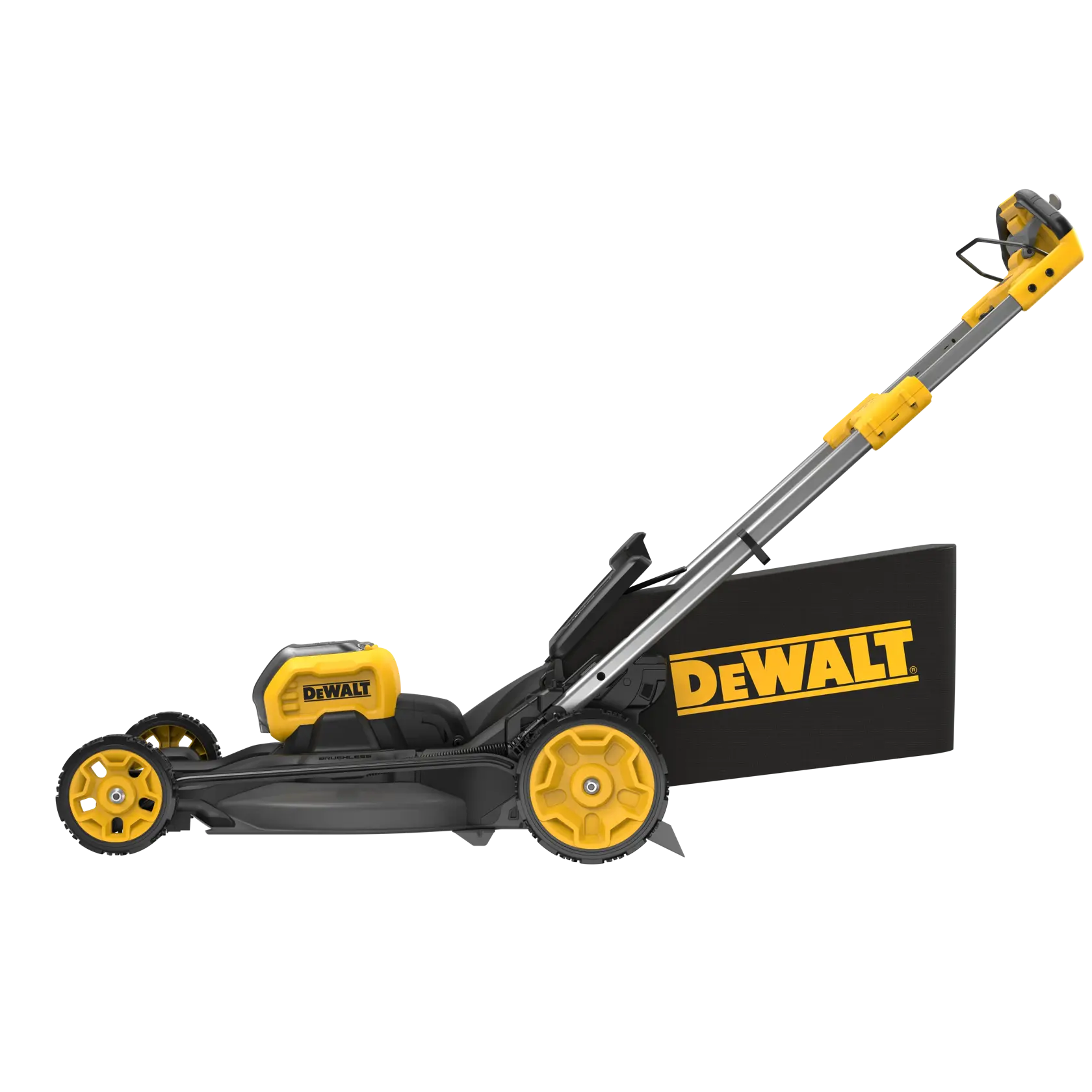 Side view of a DEWALT electric lawn mower, featuring a yellow and black color scheme, large wheels, and a grass collection bag with DEWALT branding.
