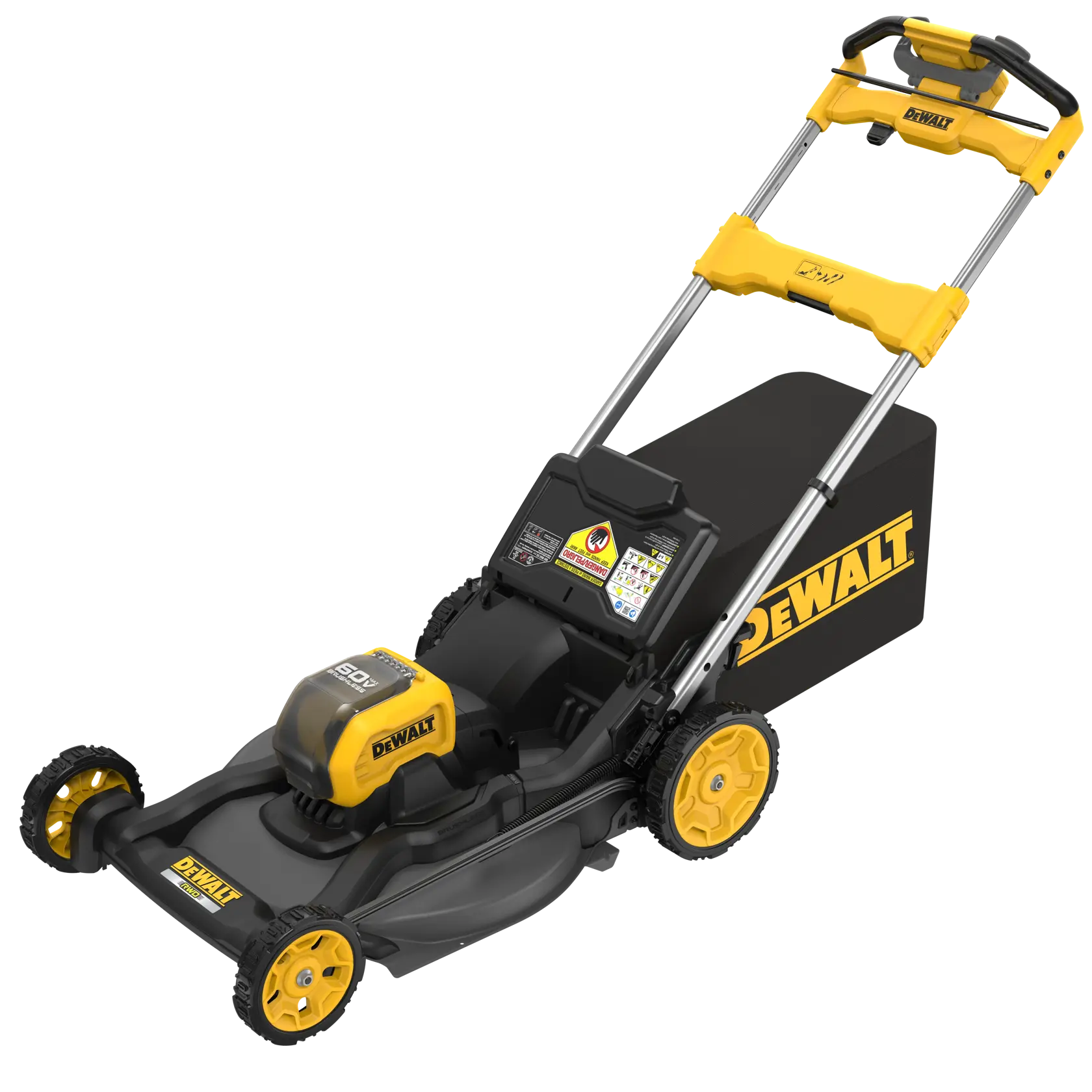 A DEWALT-branded yellow and black cordless electric lawn mower with a grass collection bag attached at the rear.