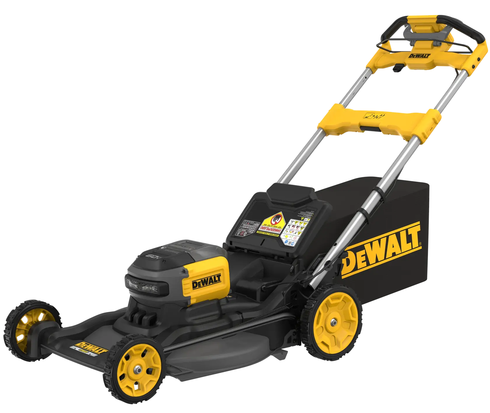 A DEWALT cordless electric lawn mower with a black and yellow design, featuring large wheels and a grass collection bag at the back.