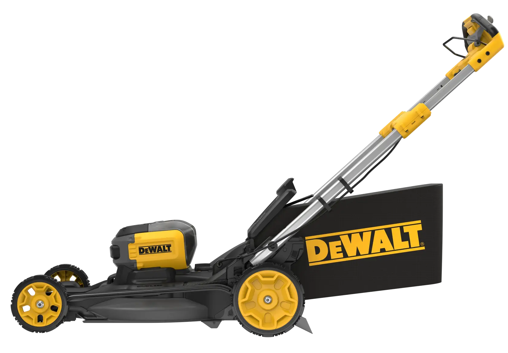 A DEWALT branded cordless electric lawn mower with yellow and black colors, shown from the side with a grass collection bag attached.