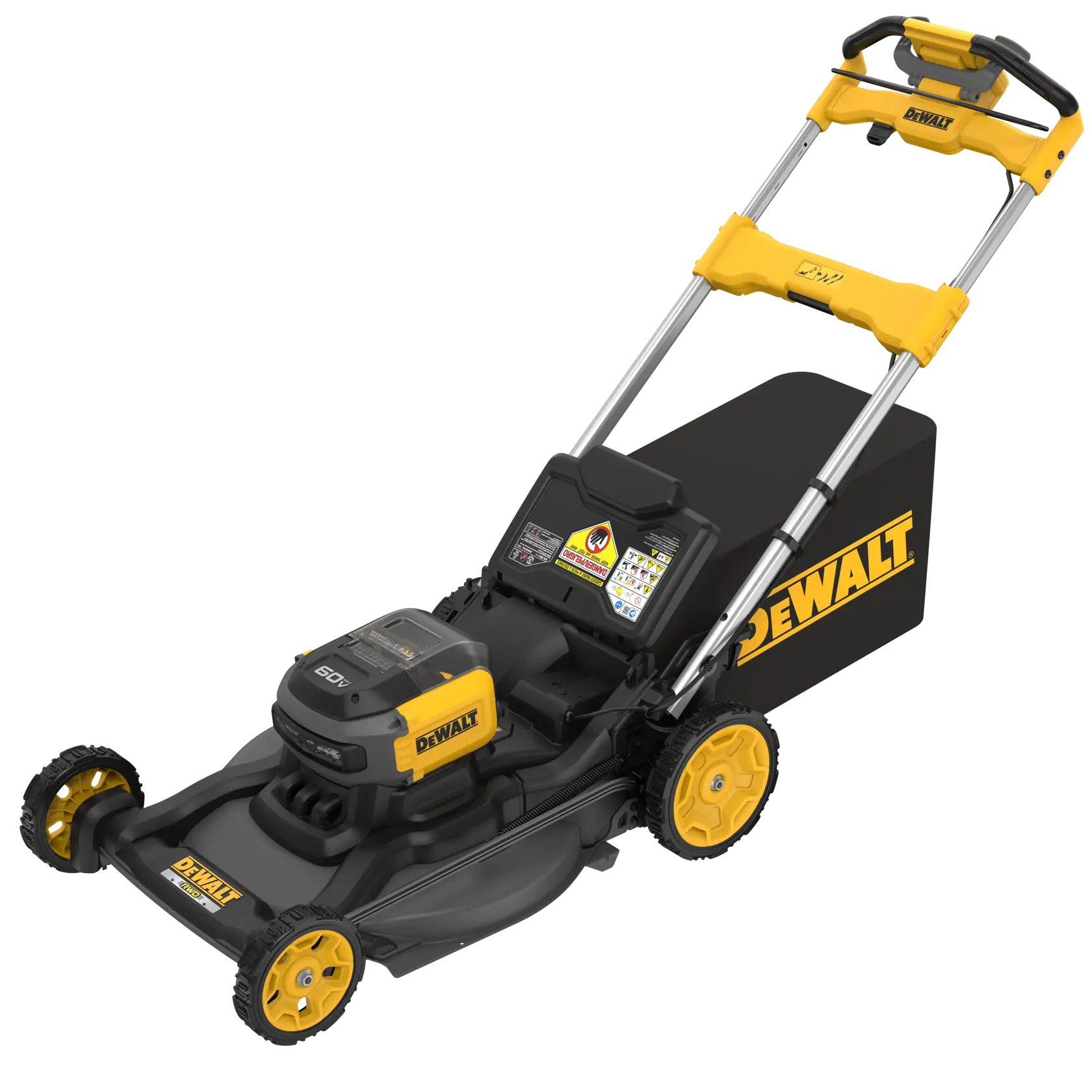 A DEWALT cordless electric lawn mower with yellow and black exterior, large rear wheels, and a grass collection bag attached at the back.