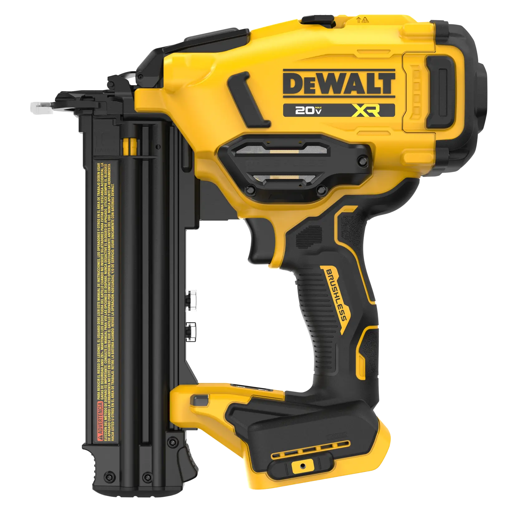 A DEWALT 20V XR cordless brushless finish nailer, model DCN210B, shown in yellow and black colors. The tool is designed for driving nails into wood and other surfaces, featuring an ergonomic handle and prominent branding.