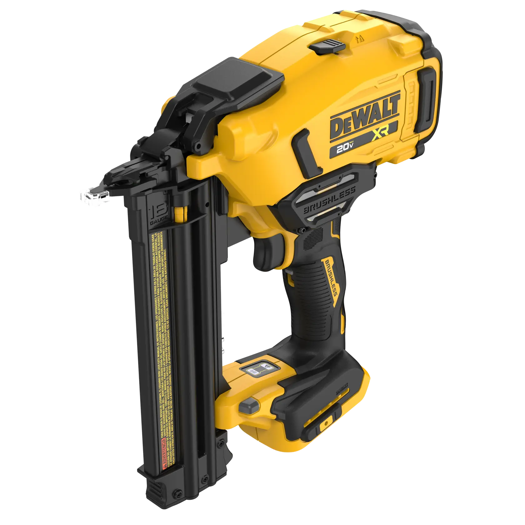 A yellow and black DEWALT 20V cordless brushless nailer, model DCN210B, designed for driving nails, with ergonomic handle and magazine for 18 gauge nails.