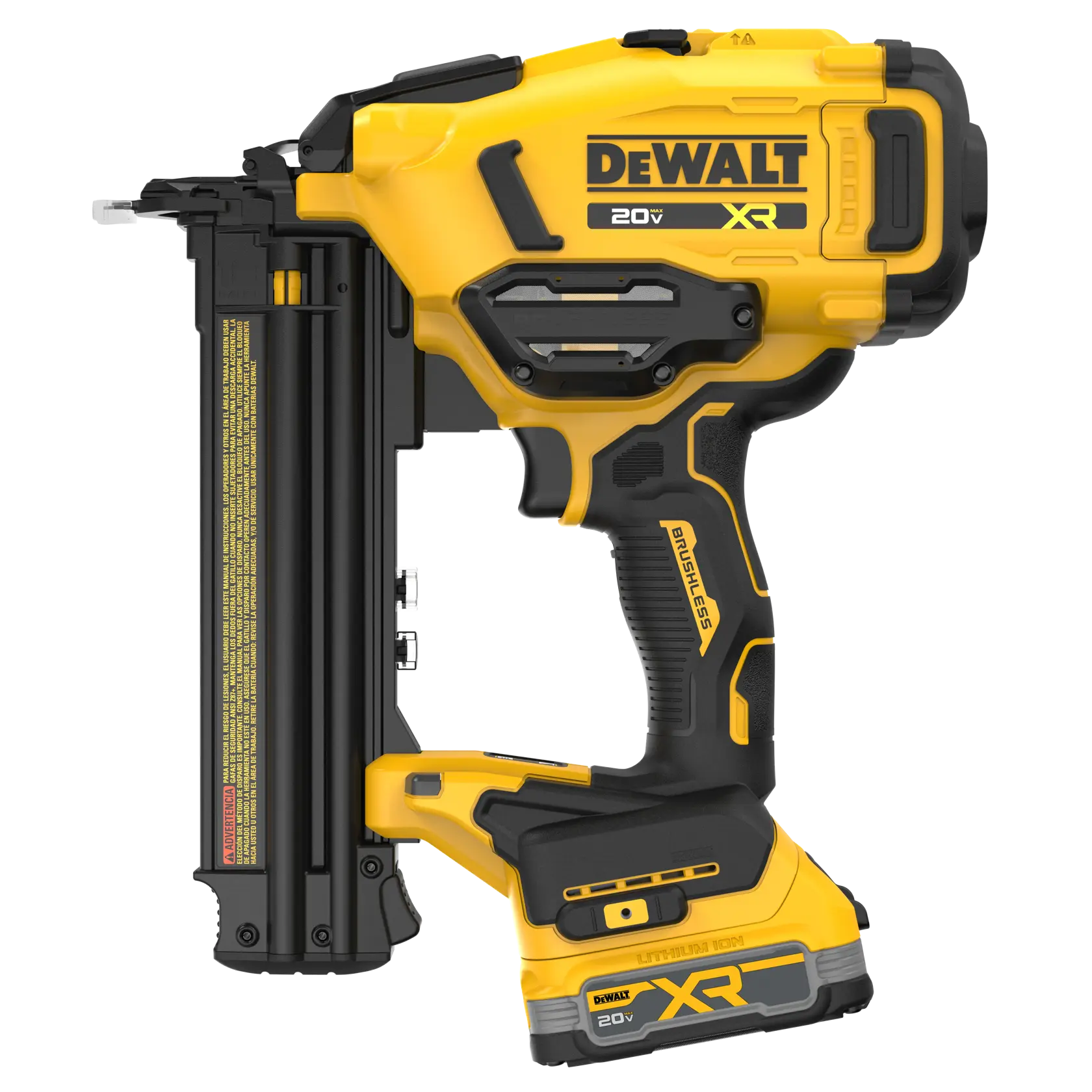 A DEWALT 20V XR cordless electric nail gun with a yellow and black design. The tool is used for construction and woodworking, featuring a brushless motor and ergonomic handle.