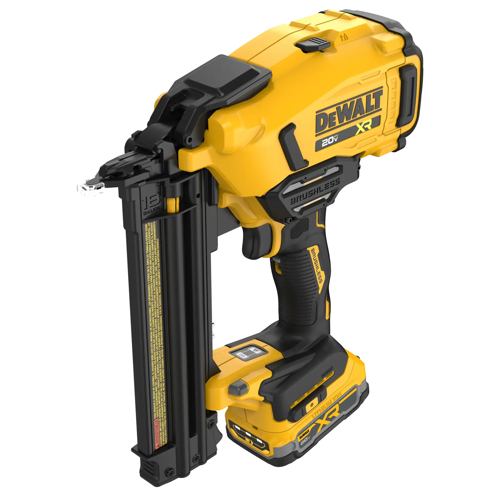 A DEWALT 20V XR brushless cordless nail gun, model DCN210E1, in yellow and black colors. It features a compact design, ergonomic handle, and is suitable for photography and construction applications.