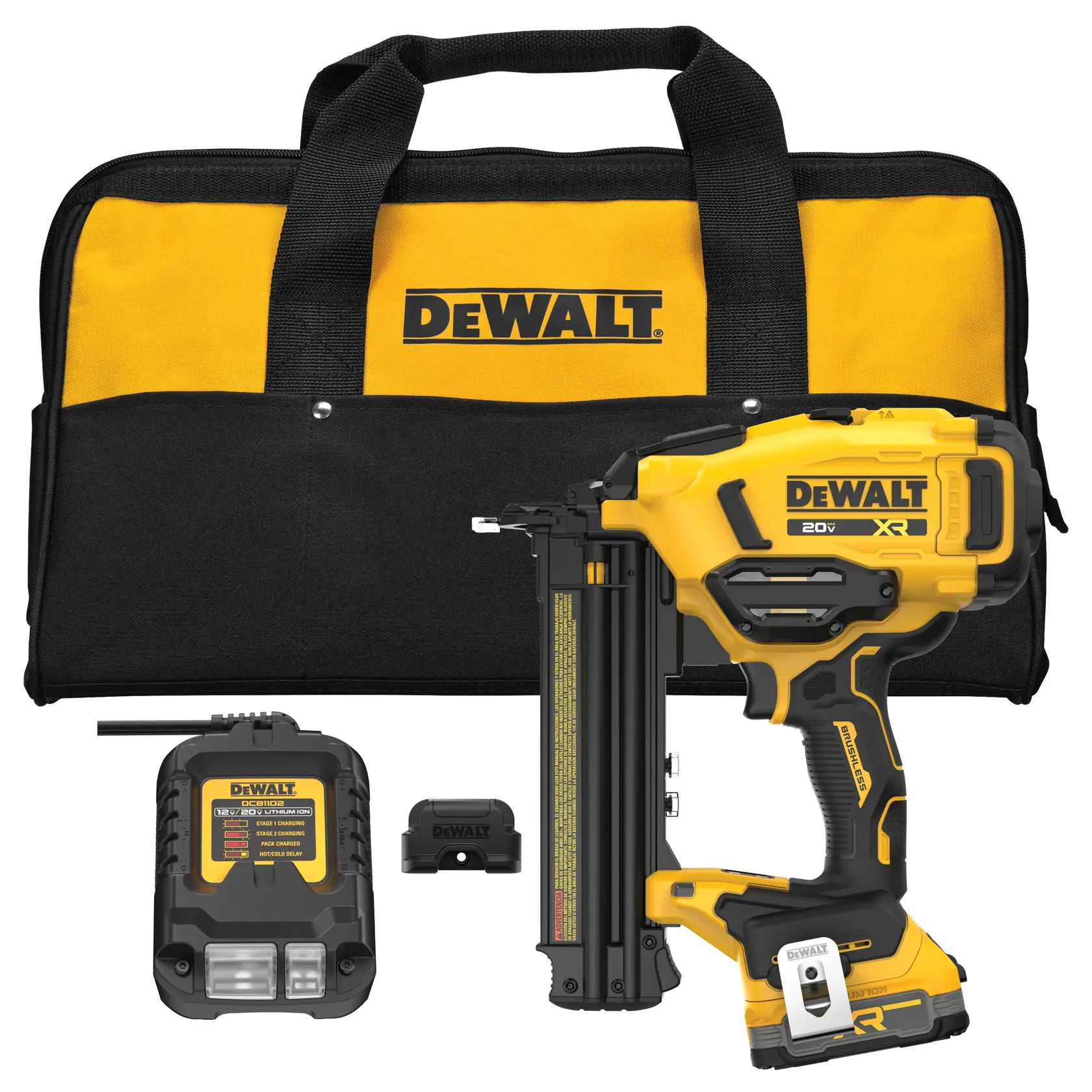 A DEWALT 20V cordless nailer kit displayed with a black and yellow carrying bag, a battery charger, and a battery. The kit includes a nailer tool with the DEWALT logo, designed for construction or woodworking tasks.