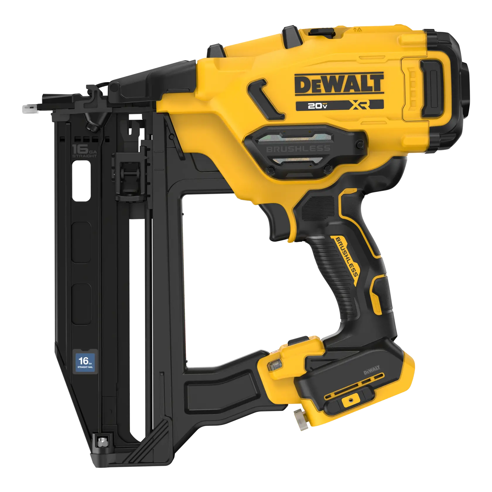 Vues latérales de la cloueuse sans fil DEWALT 20V XR, jaune et noire, calibre 16.