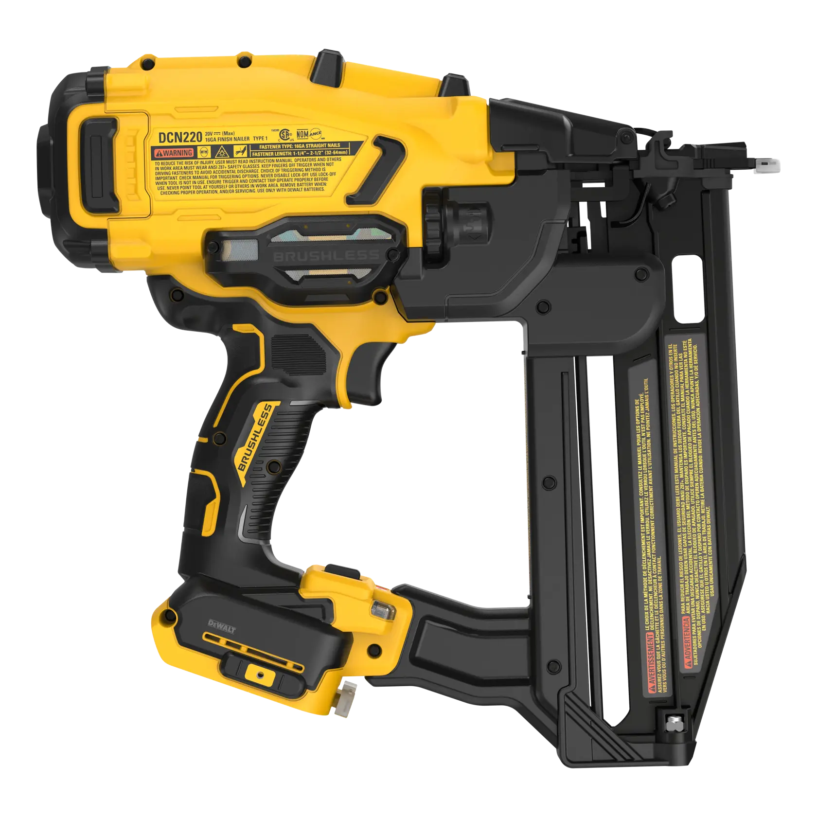 Cloueur sans fil DEWALT 20V jaune et noir, modèle DCN220B, pour travaux de construction.