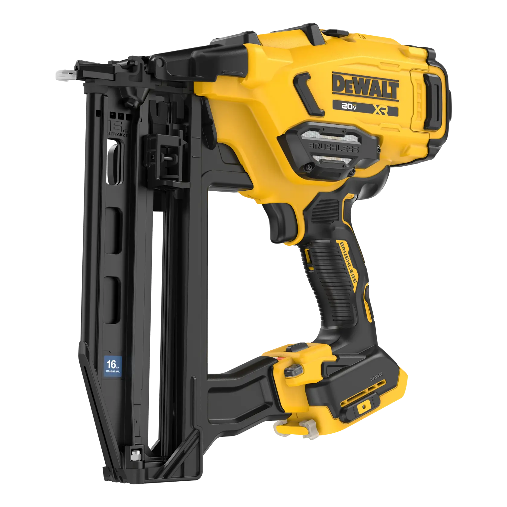 Image du produit montrant une cloueuse de finition droite sans fil DEWALT 20V MAX XR à moteur sans balais de calibre 16. L'image comprend l'outil principal, un crochet pour ceinture, un adaptateur de puce DCE044 et trois embouts anti-marques. Les accessoires et l'outil sont affichés sur un fond blanc avec une liste des éléments inclus et une note sur la tension de la batterie.