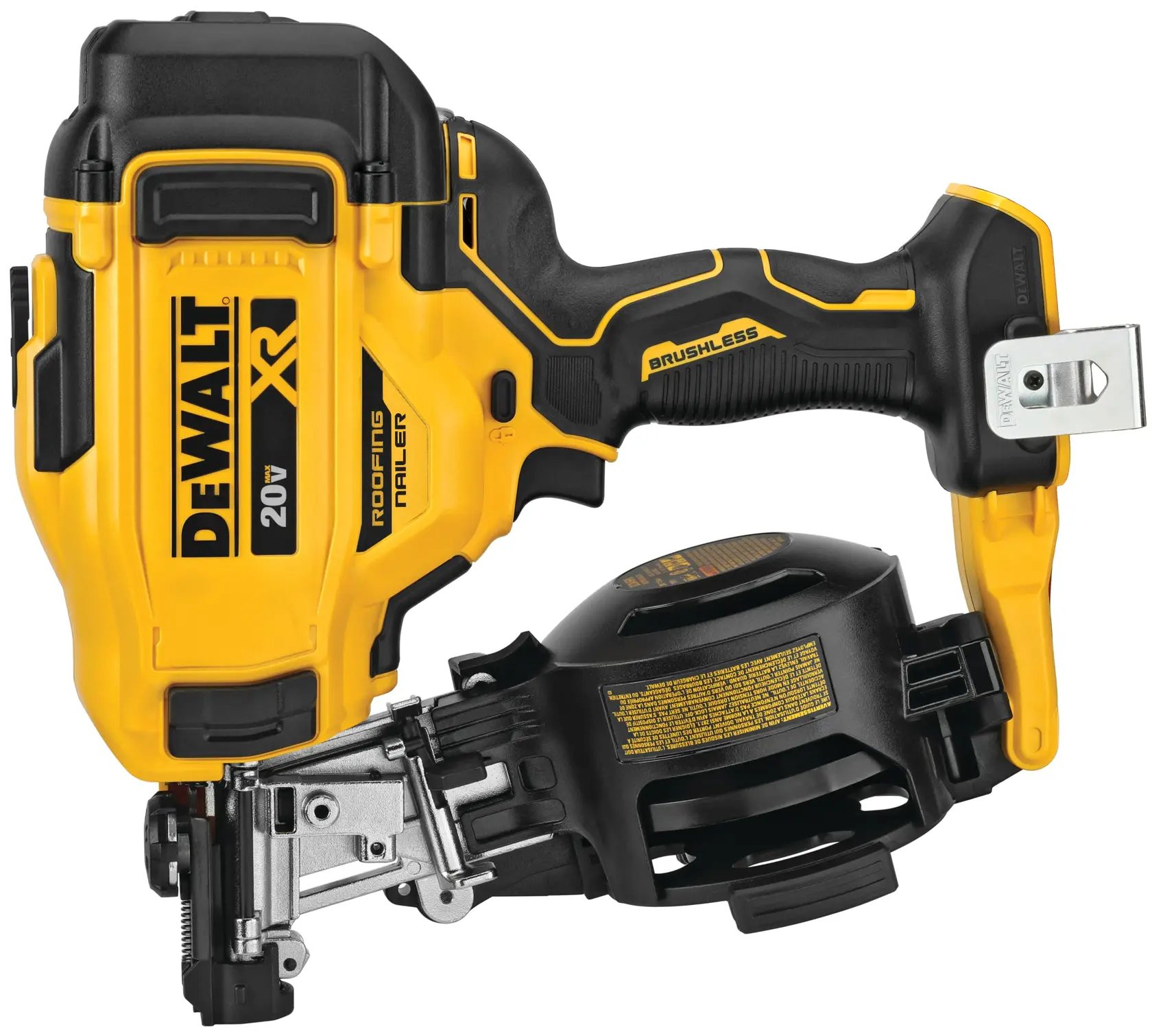 A DEWALT 20V XR brushless roofing nailer, featuring a yellow and black design with a labeled magazine and ergonomic handle.