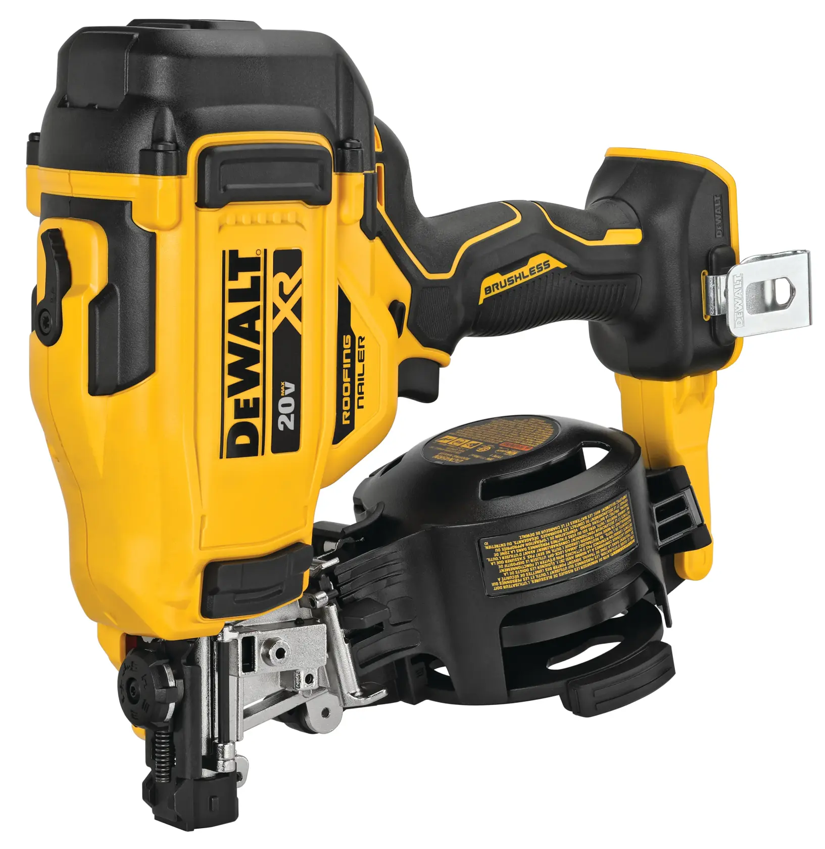 A DEWALT 20V XR cordless roofing nailer with a brushless motor, featuring a yellow and black design and labeled as a roofing tool.