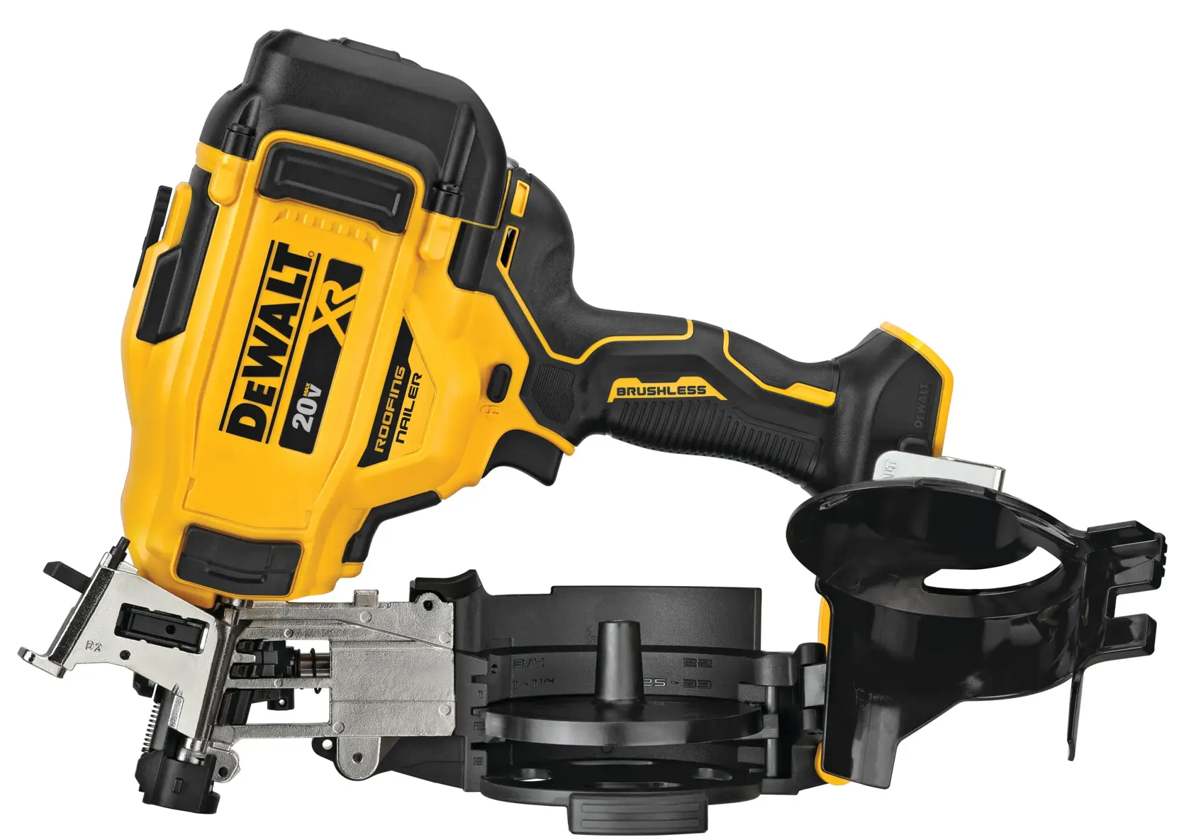 DEWALT 20V XR cordless roofing nailer with a brushless motor. The tool is primarily yellow and black with a visible magazine for nails, designed for roofing applications.