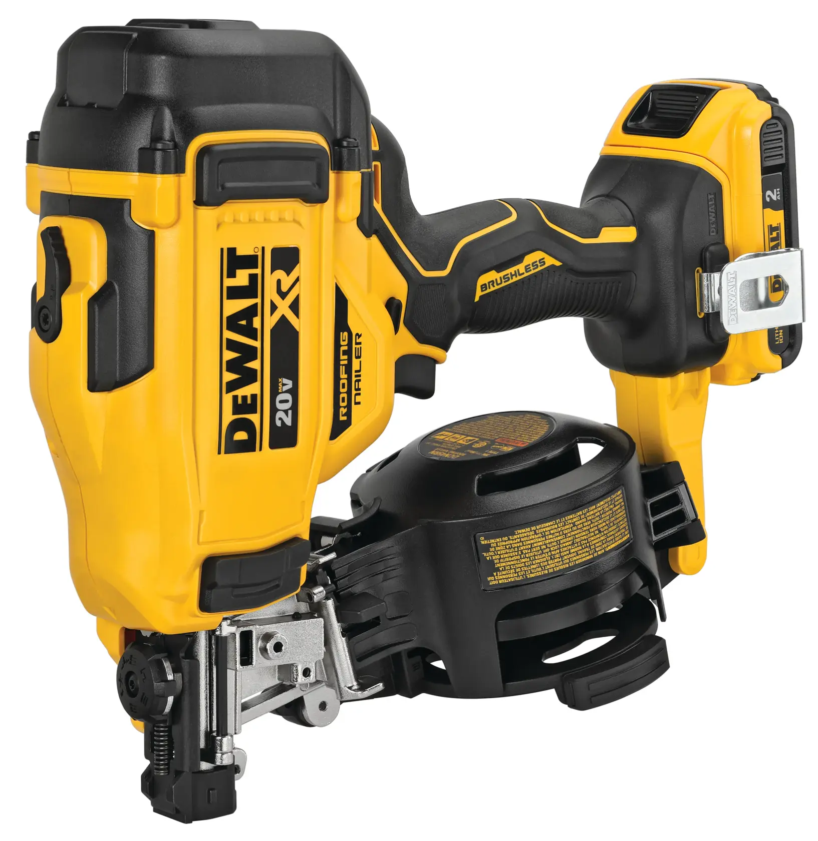A DEWALT 20V XR cordless roofing nailer with a yellow and black design. The tool features a brushless motor and includes a magazine for roofing nails.