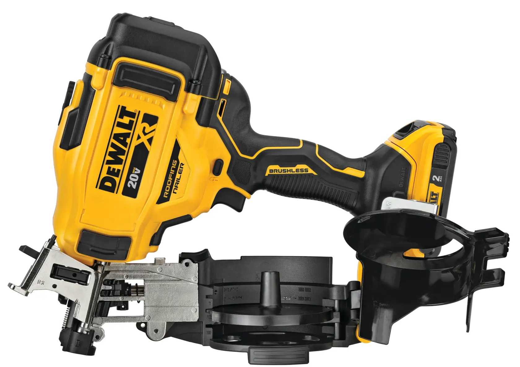 A DEWALT 20V XR cordless roofing nailer with brushless motor, shown in yellow and black colors. The tool is designed for driving nails and features a magazine for nails and an ergonomic handle.