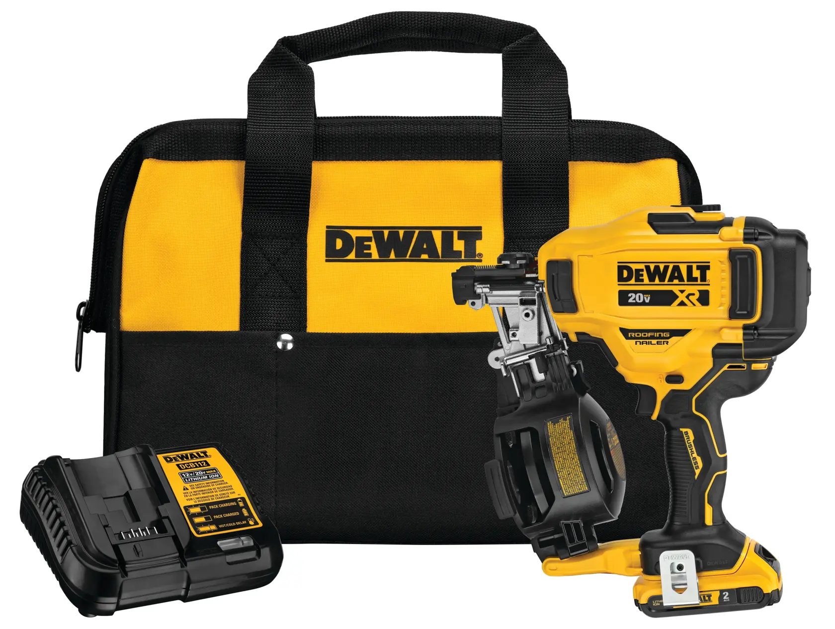 DEWALT-branded roofing nailer kit including a yellow and black cordless roofing nailer, a matching carrying bag, and a battery charger, all arranged together.