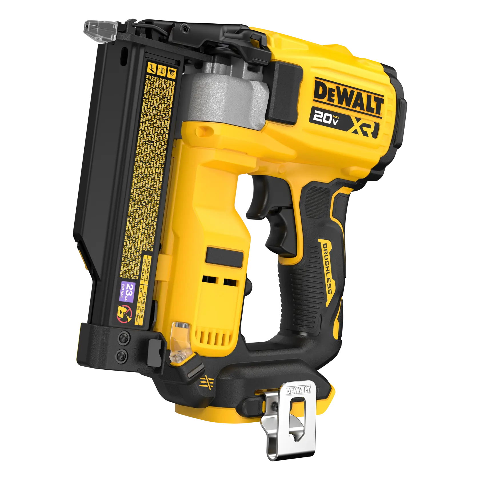 A DEWALT 20V brushless battery-powered pin nailer tool, primarily yellow and black, shown from the side. The tool is used for fastening tasks and has a metal clip attached to its handle.