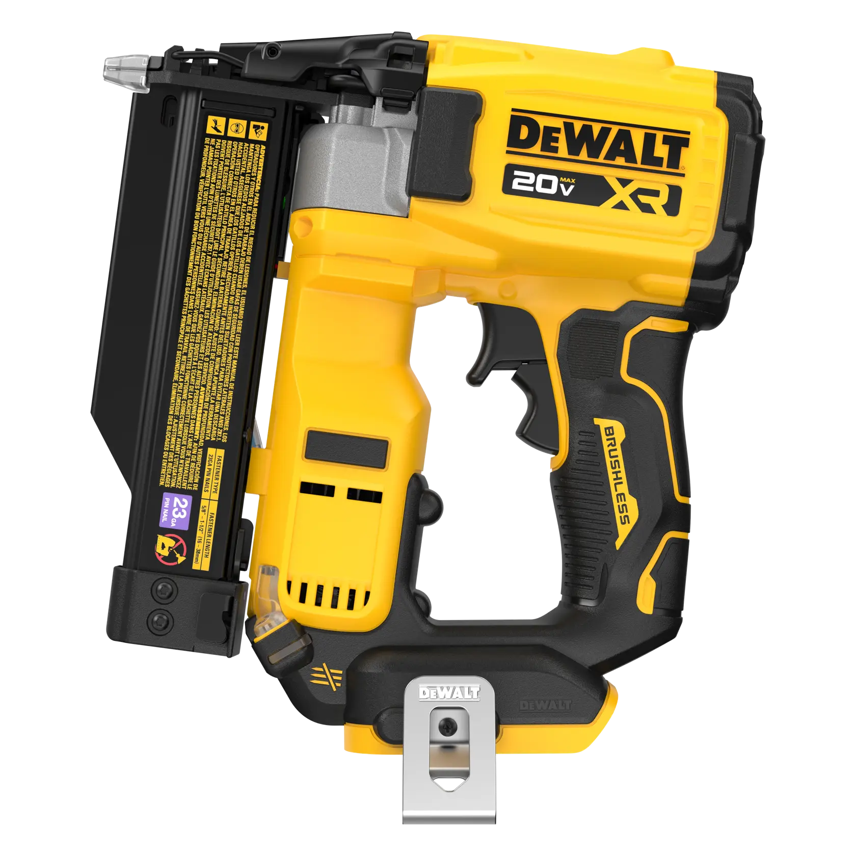 A DEWALT 20V brushless cordless nailer, model DCN623B, shown from the side against a white background. The tool is yellow and black with a metal clip attached to the handle.