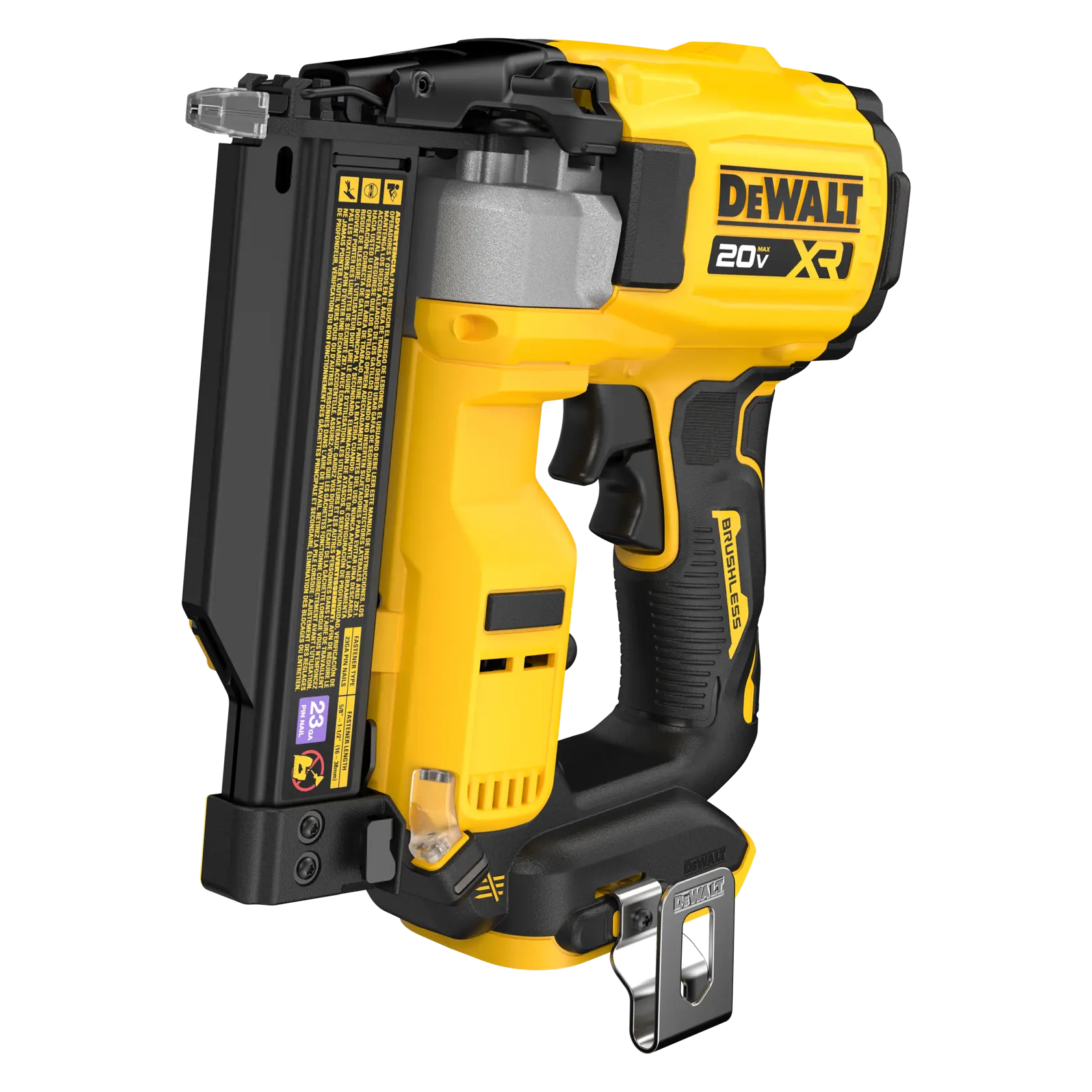 A DEWALT 20V XR cordless nailer with a yellow and black design, featuring a brushless motor and a metal belt hook attached to the handle.