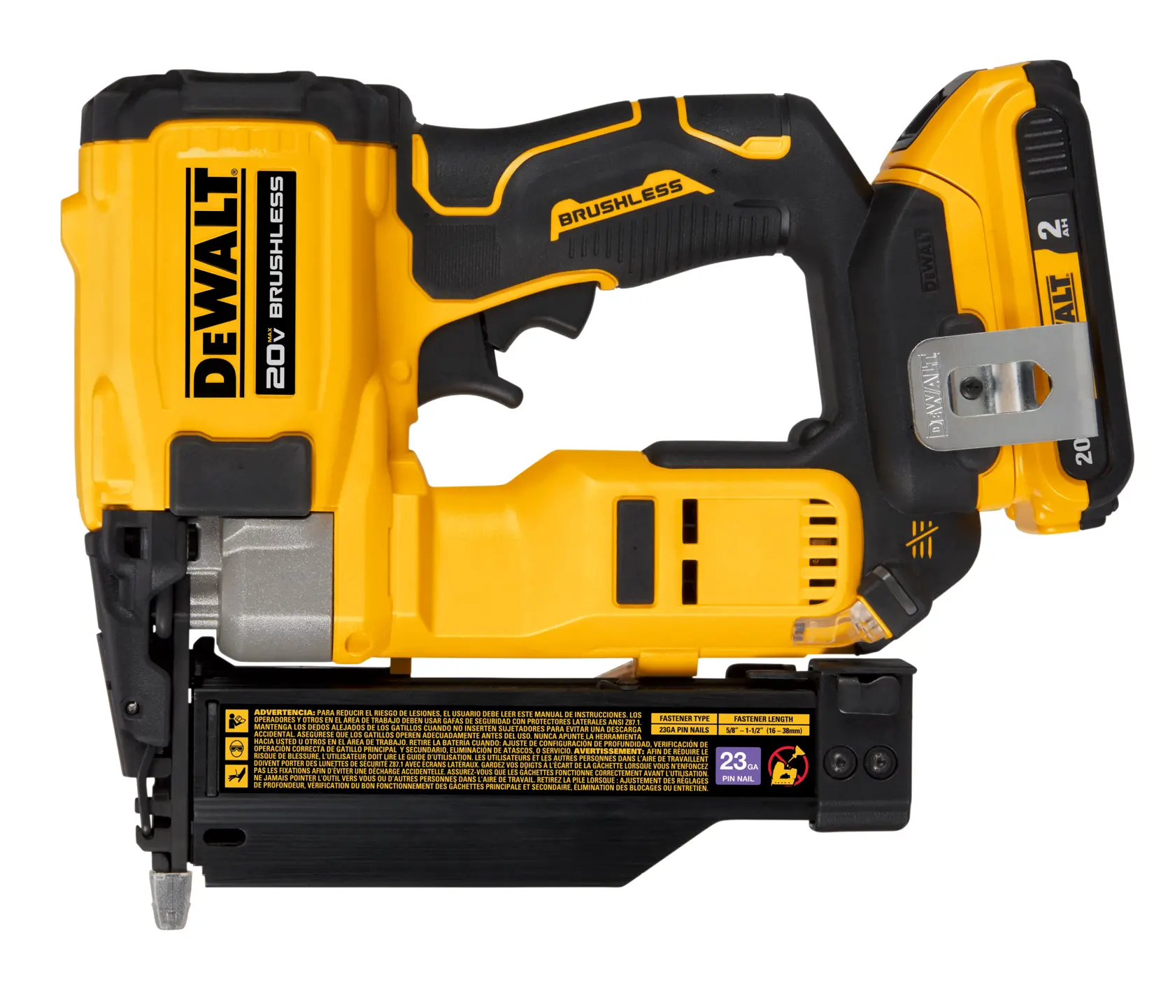 A DEWALT 20V brushless cordless nailer with a yellow and black design, model DCN623D1, featuring a battery pack and a metal clip on the handle.