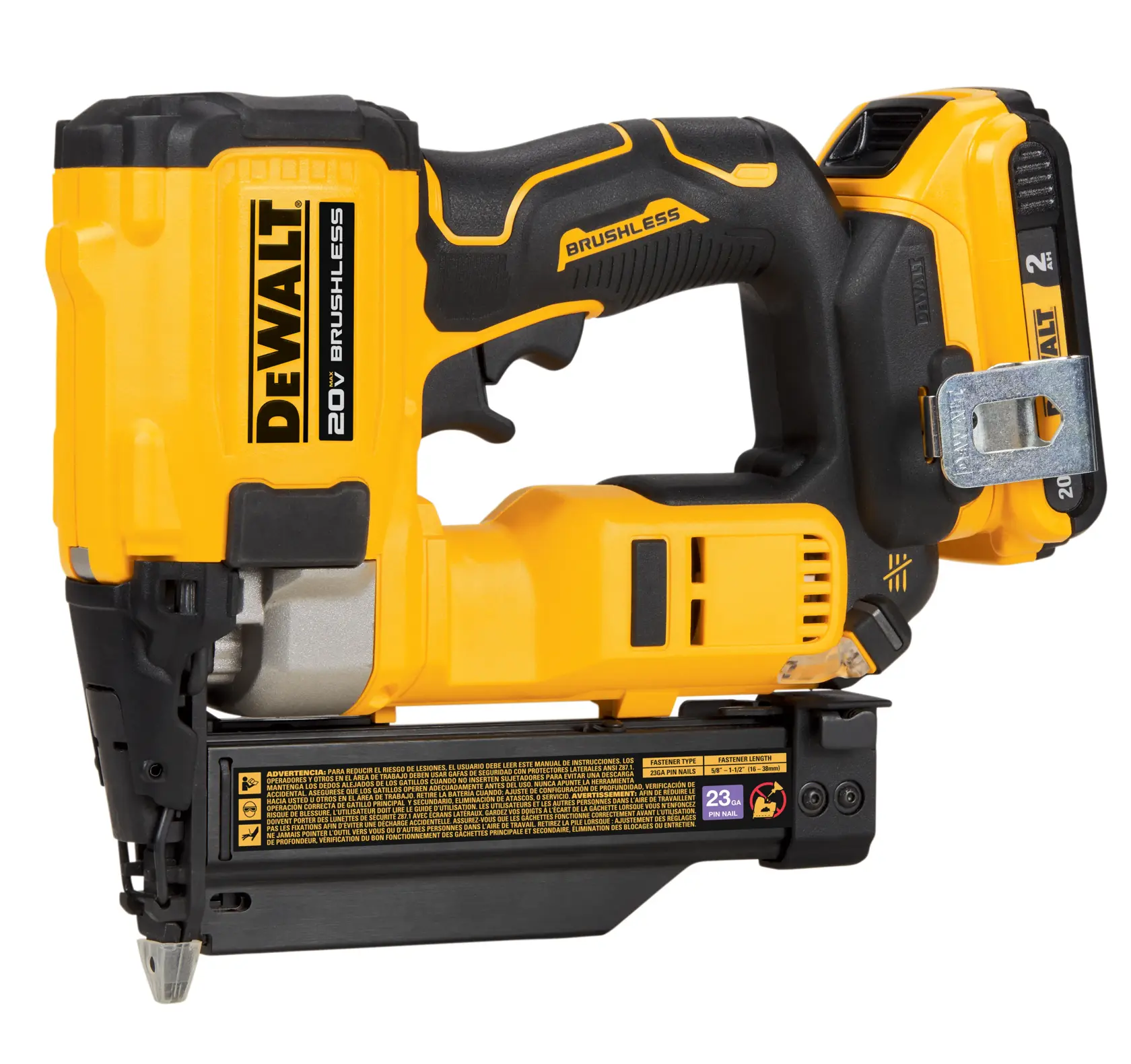 A close-up image of a DEWALT 20V brushless cordless nailer, featuring yellow and black design, with visible battery pack and metal clip.