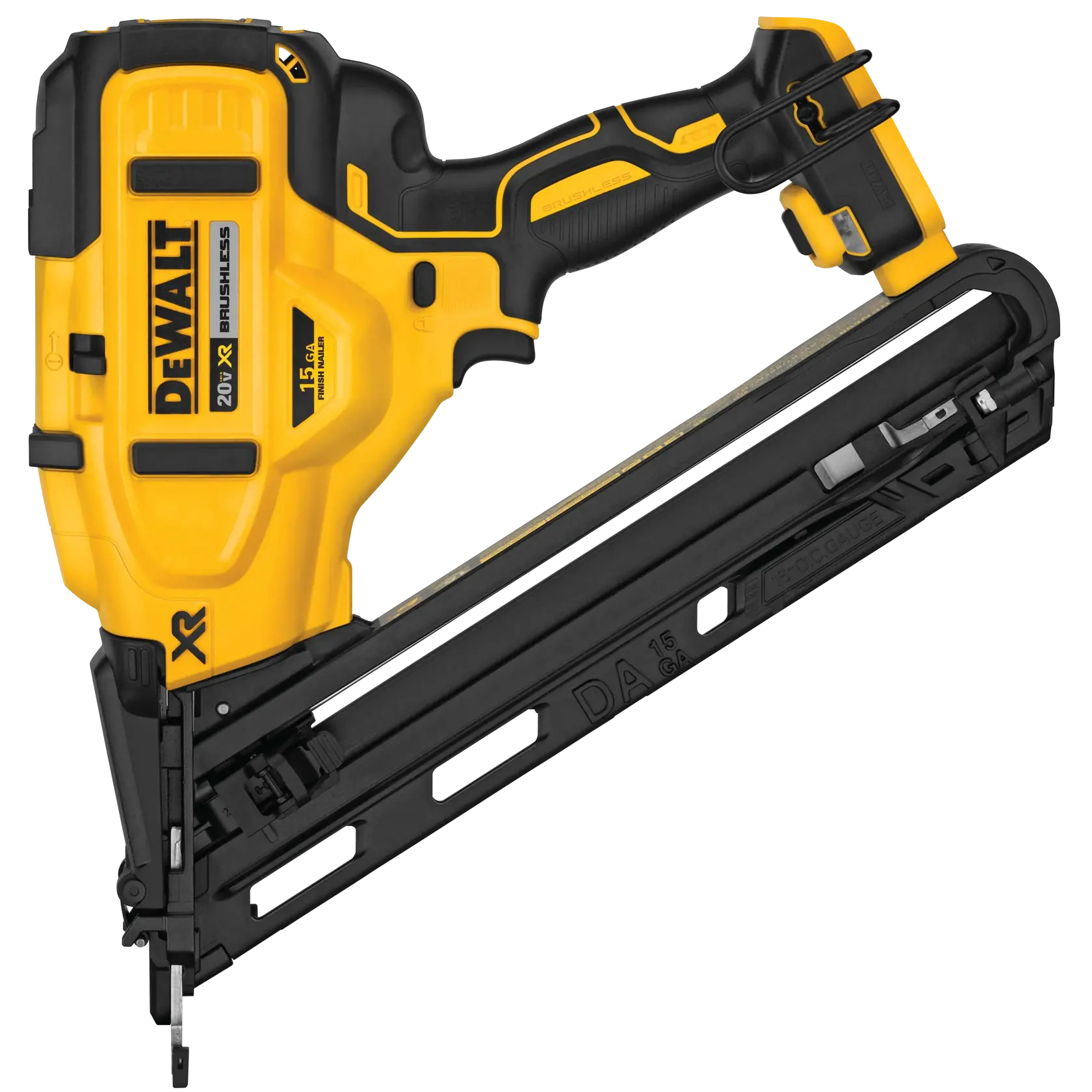A DEWALT 20V XR Brushless cordless angled finish nailer, model DCN650B, with a yellow and black design. The tool is designed for driving 15 gauge DA finish nails and features a comfortable grip and trigger.