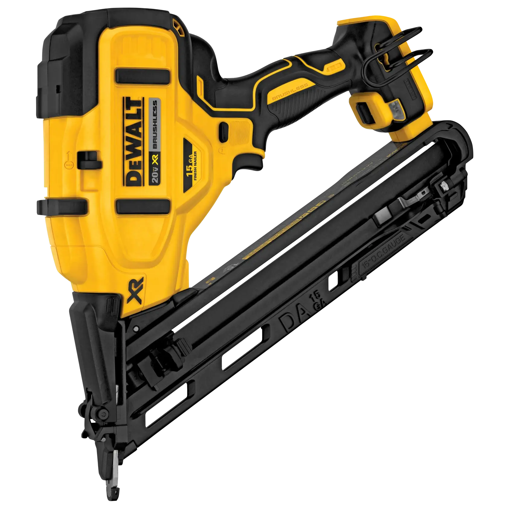 A DEWALT 20V XR brushless cordless angled finish nailer with a yellow and black body, designed for precision nailing in carpentry and woodworking applications.