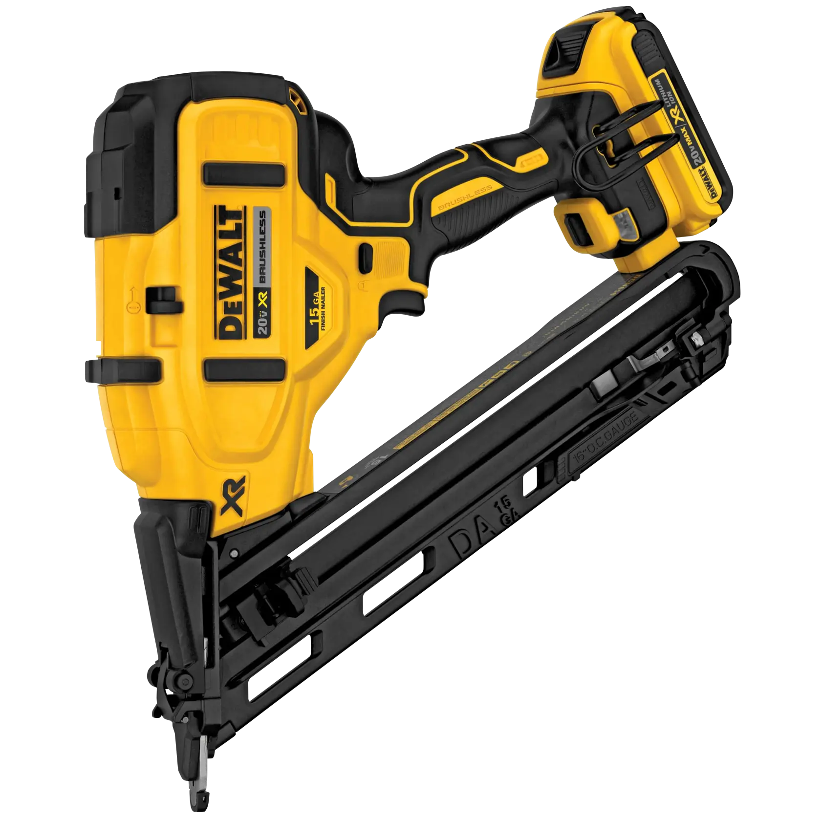 A DEWALT 20V XR brushless battery-powered angled finish nailer, featuring a yellow and black design.