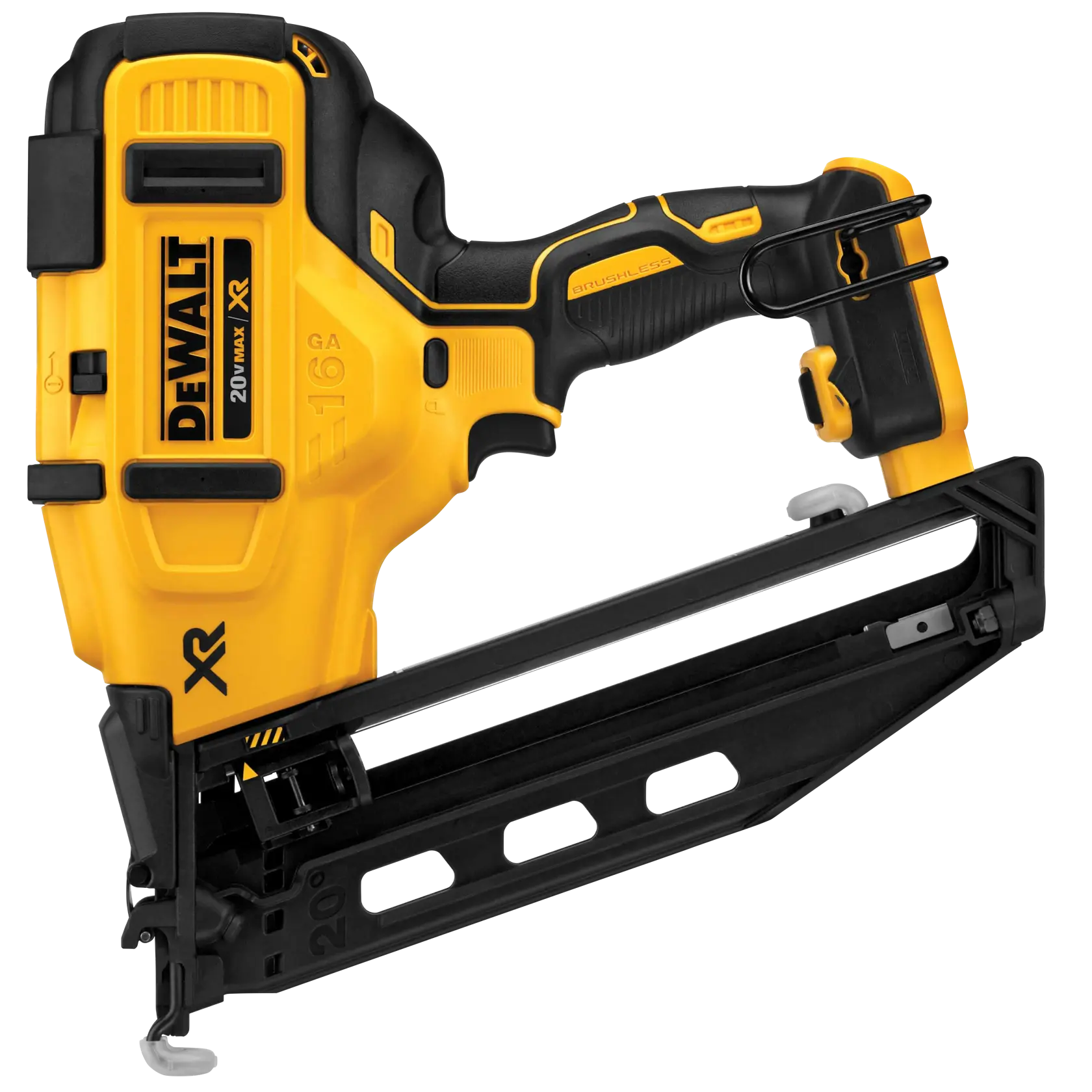 A DEWALT 20V MAX XR cordless finish nailer with a yellow and black design, featuring a brushless motor and ergonomic handle, intended for fastening trim and moldings.