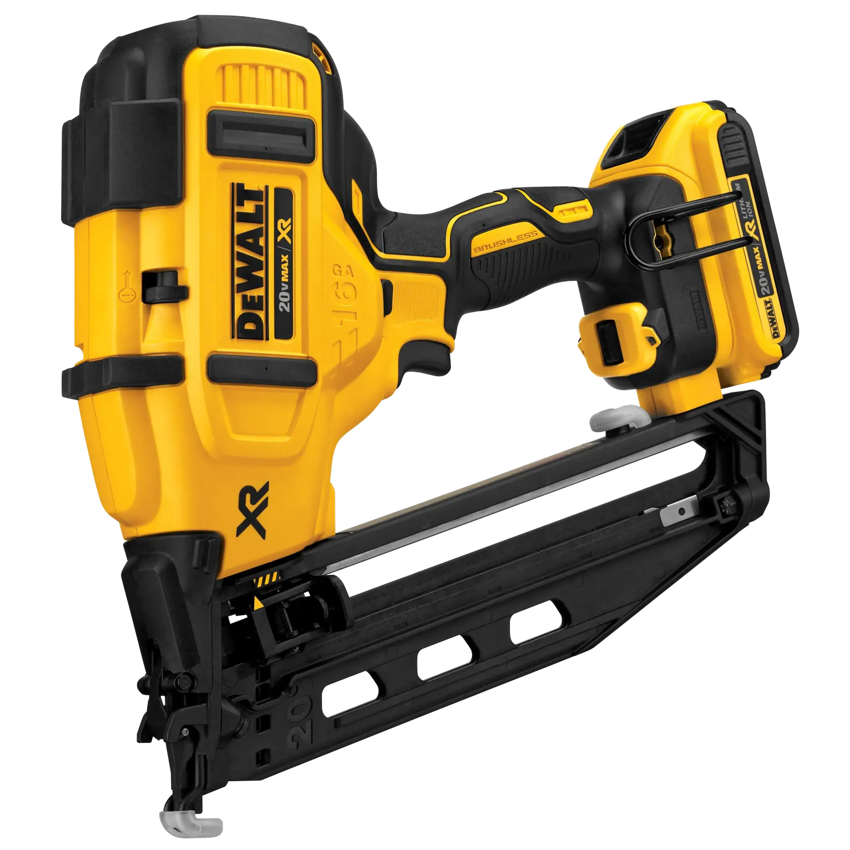 A DEWALT cordless nail gun, model DCN660D1, featuring a yellow and black design with a rechargeable battery attached.