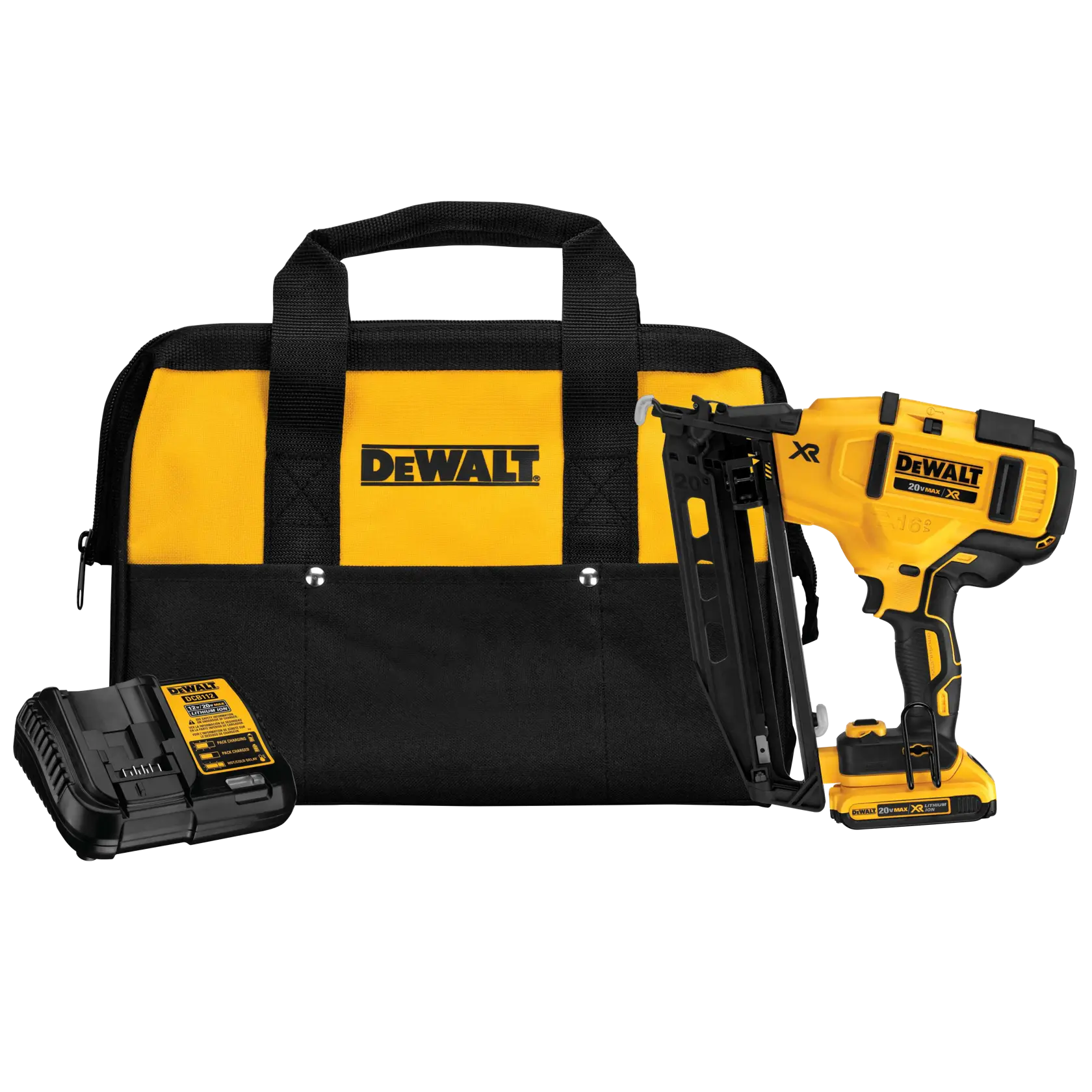 A DEWALT tool kit including a yellow and black soft carrying bag, a 20V cordless nail gun, and a battery charger.