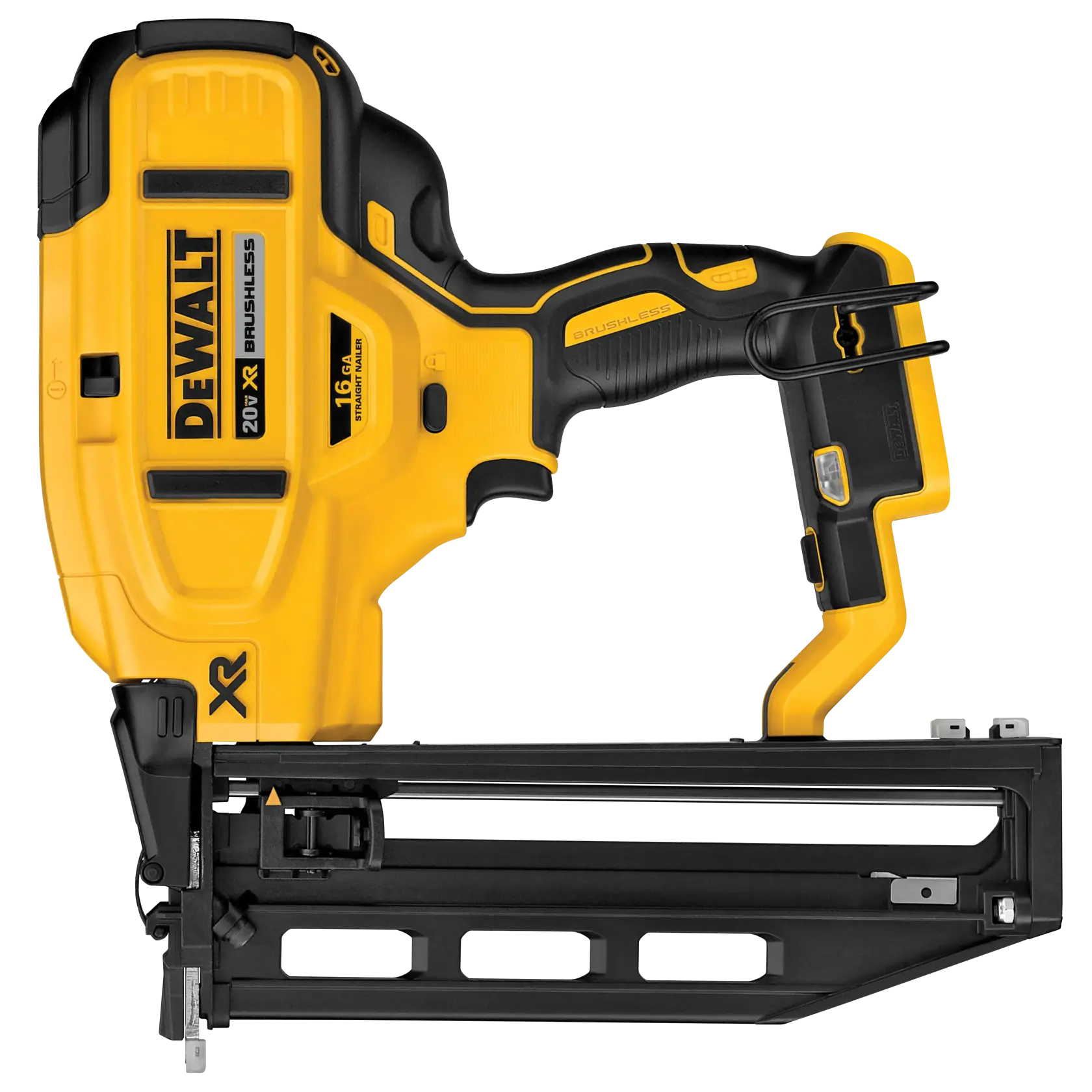 DEWALT 20V XR Brushless 16-gauge nail gun with black and yellow body, shown in a side view against a white background.