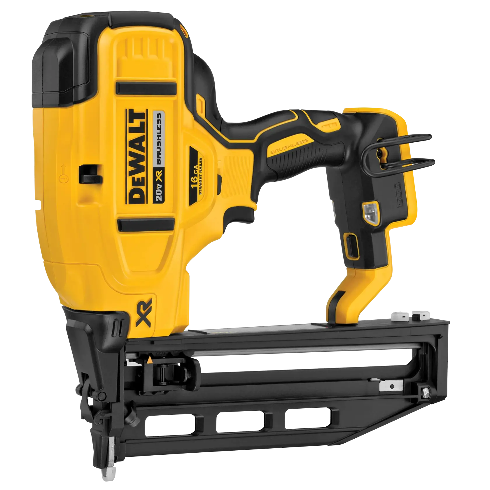 A DEWALT 20V XR Brushless 16 gauge finish nailer, shown in yellow and black with ergonomic handle and magazine for nails.