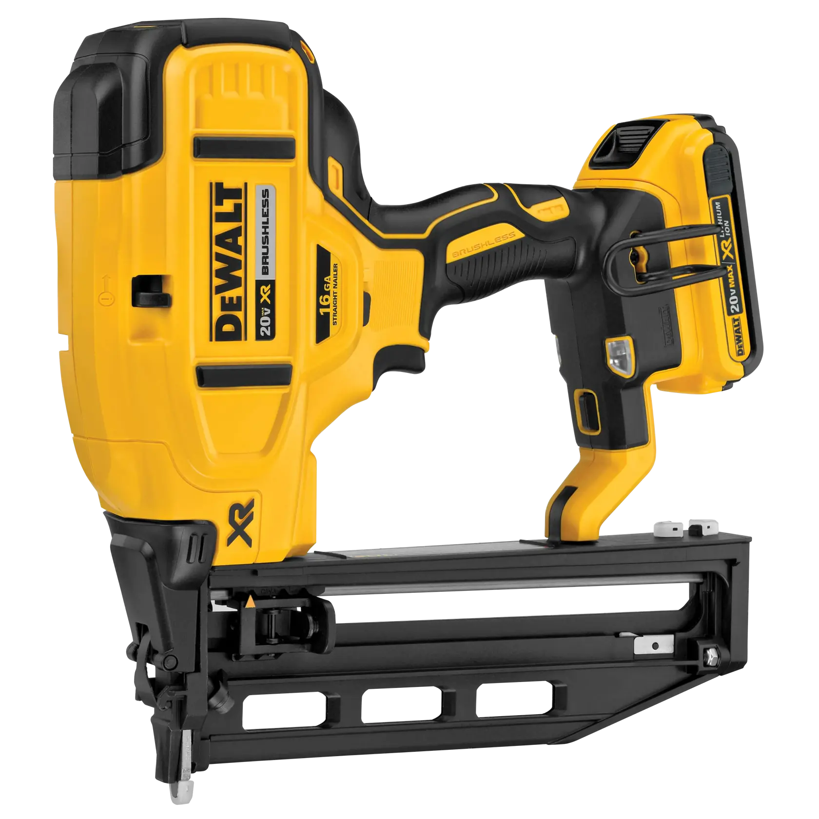 A DEWALT 20V XR brushless cordless finish nailer with yellow and black design, featuring a lithium-ion battery and ergonomic handle.