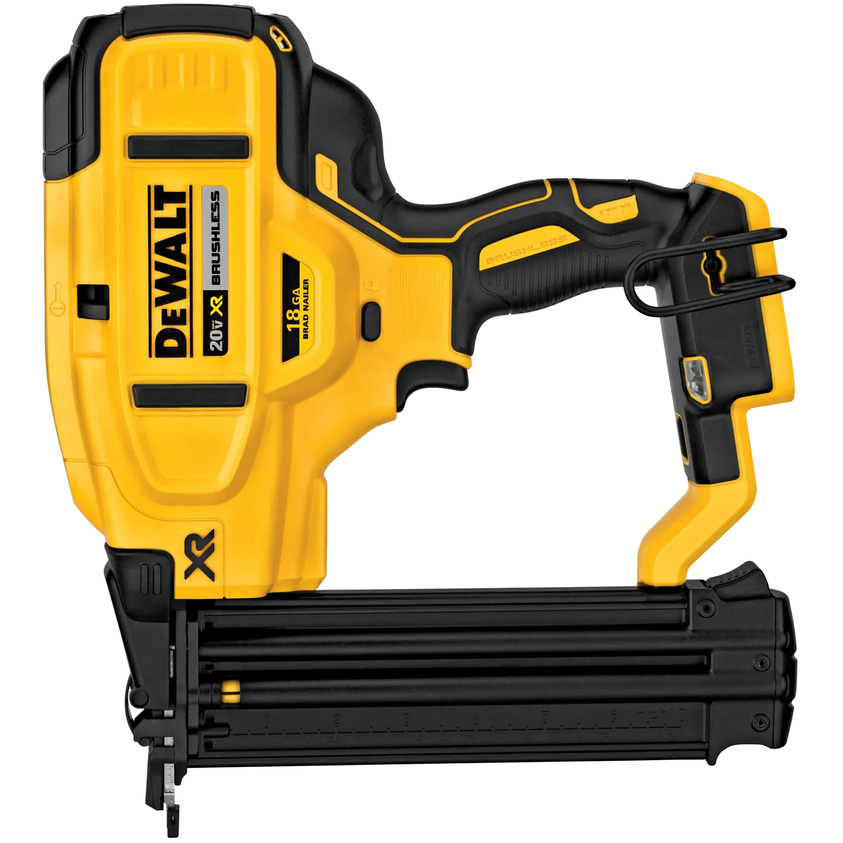 A DEWALT 20V XR Brushless nailer, specifically the model DCN680B, featuring a yellow and black cordless design used for driving nails in woodworking and construction projects.