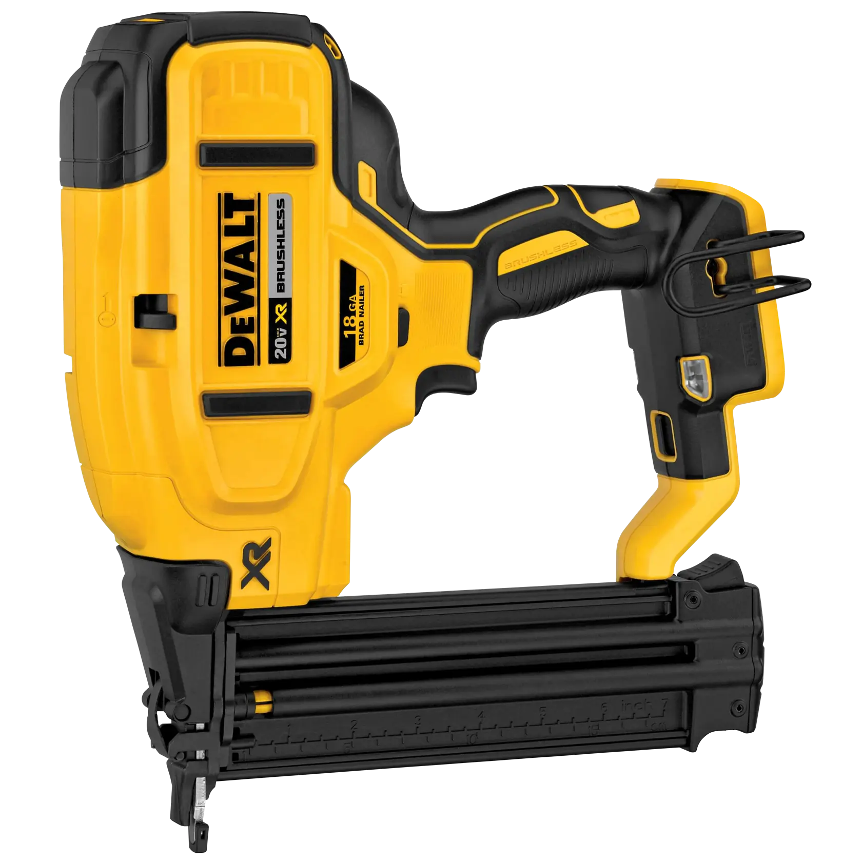 A DEWALT 20V XR Brushless 18 Gauge Cordless Brad Nailer, shown in yellow and black colors. The tool is designed for precise fastening in woodworking projects.
