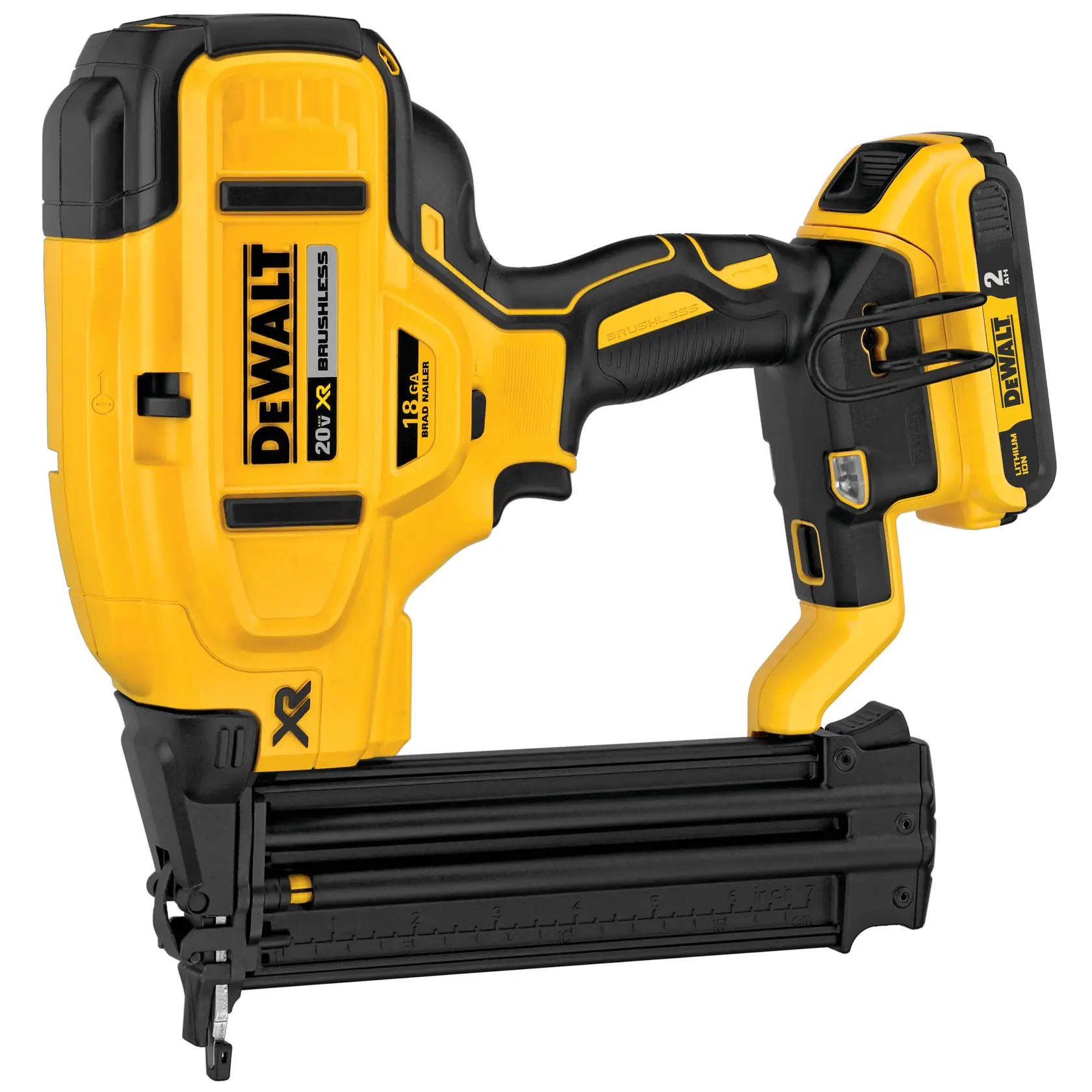 A DEWALT 20V XR Brushless cordless nailer tool, primarily yellow and black, shown with its battery attached. It is designed for driving nails and is commonly used in woodworking and construction.