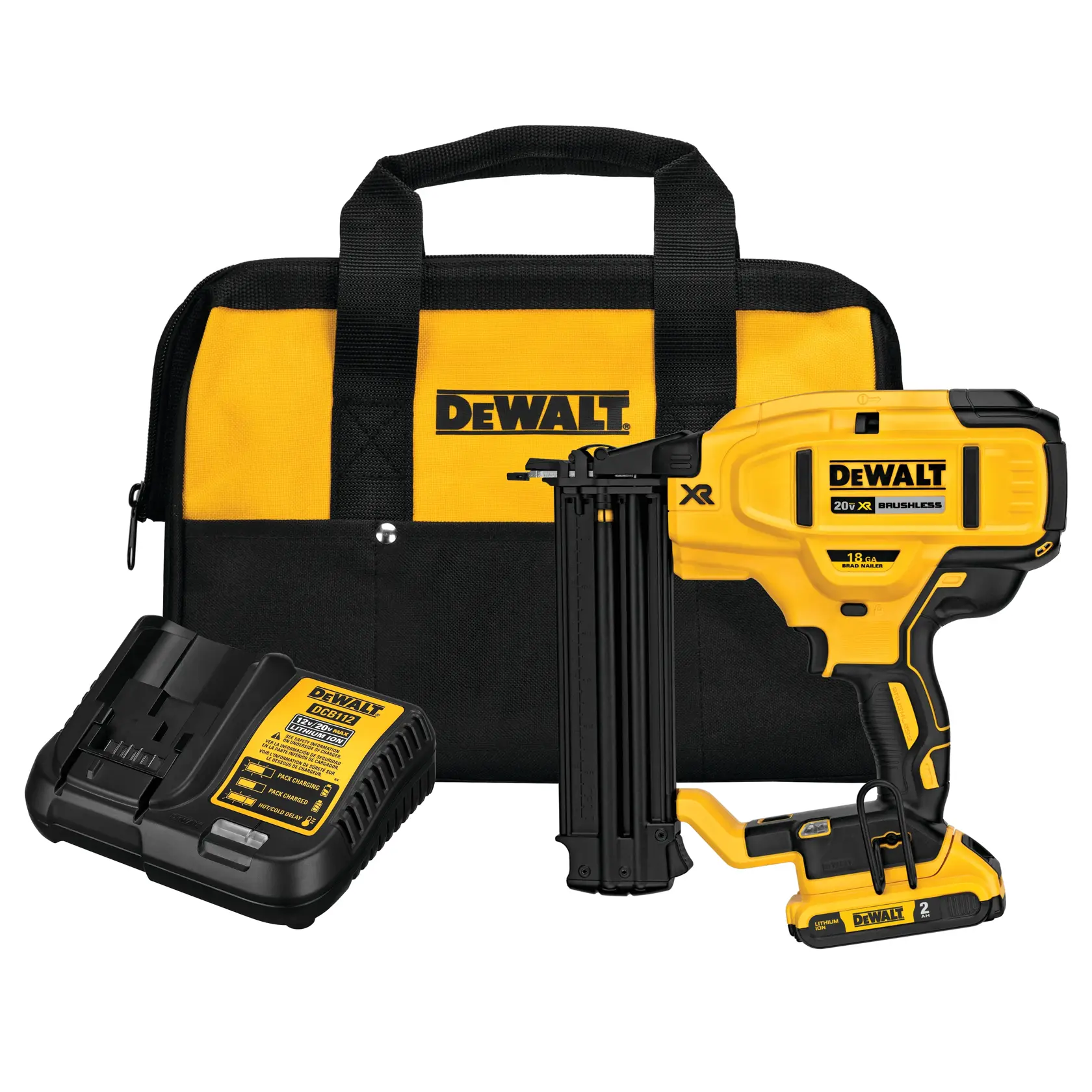 A DEWALT cordless nailer kit, including a yellow and black nailer, battery charger, and carrying bag. The bag has the DEWALT logo and is designed for convenient transport and storage.