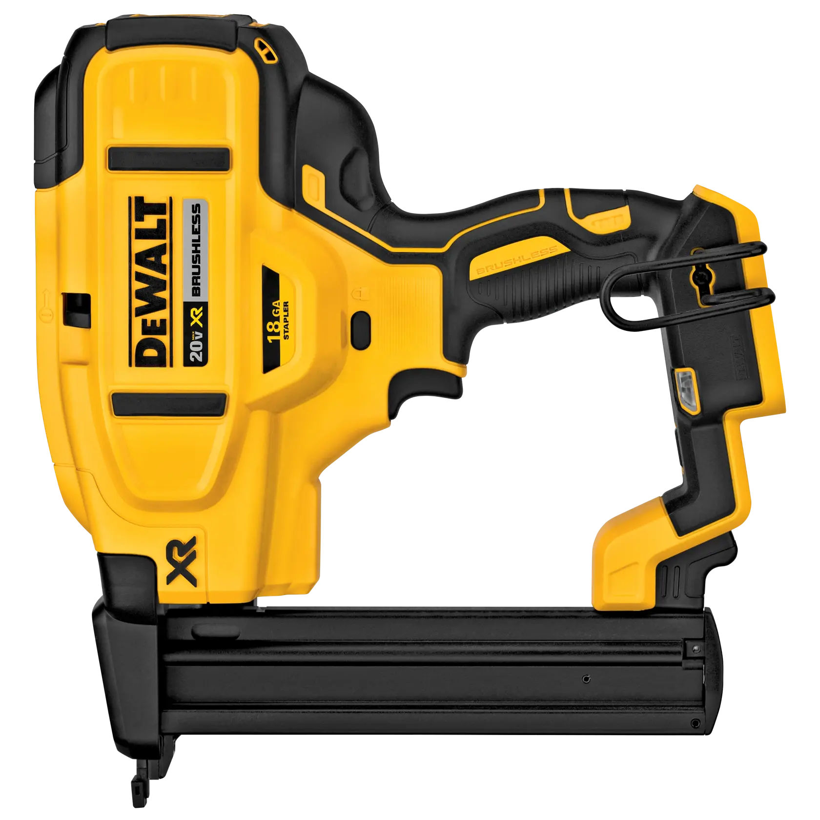A DEWALT 20V XR brushless cordless nail gun is shown in the image. The tool is yellow and black, designed for precision fastening and features an ergonomic handle.