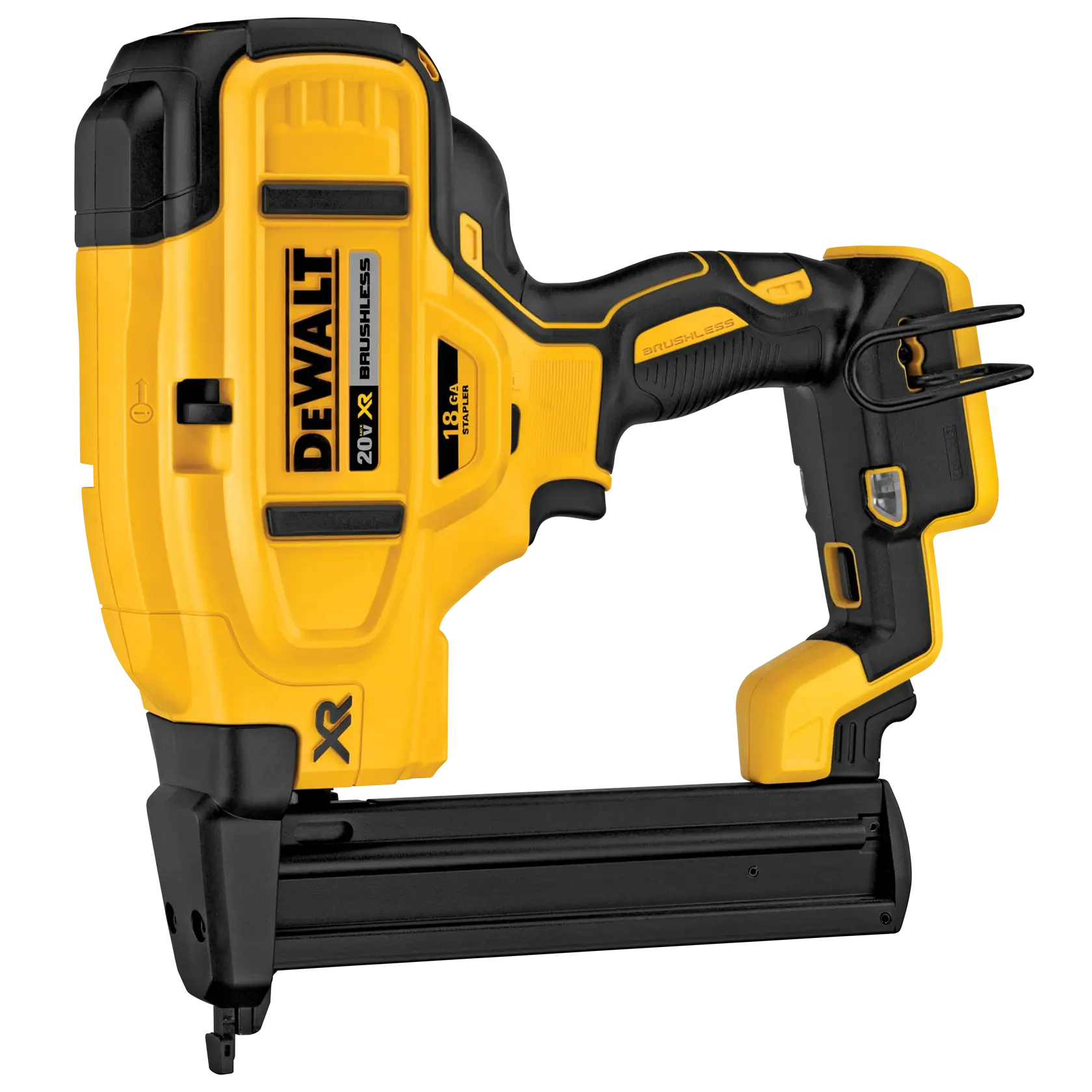Yellow and black DEWALT 20V XR brushless cordless nailer with ergonomic handle and magazine for nails.