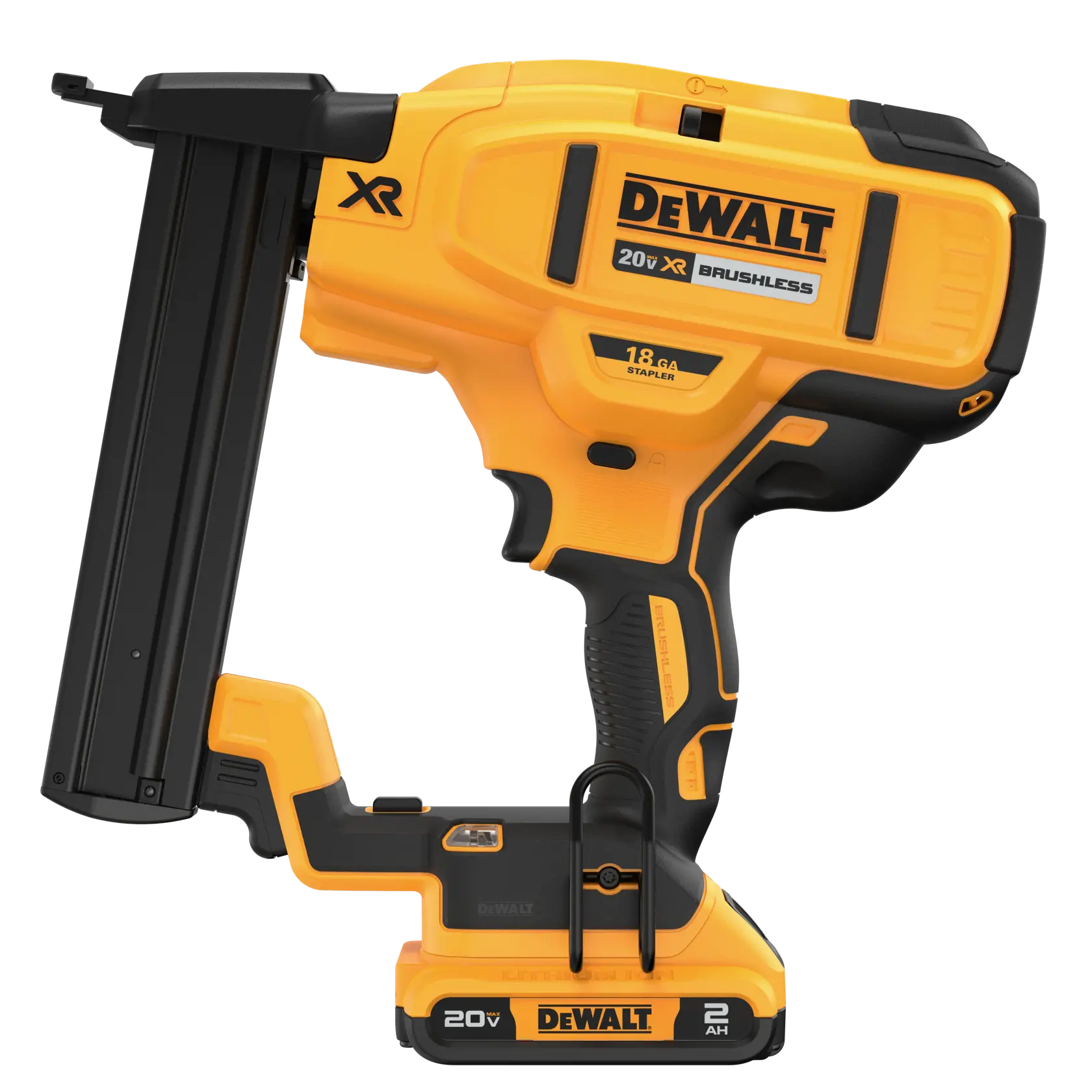 A DEWALT 20V XR brushless cordless nailer with yellow and black design, featuring a battery pack attached to the handle.