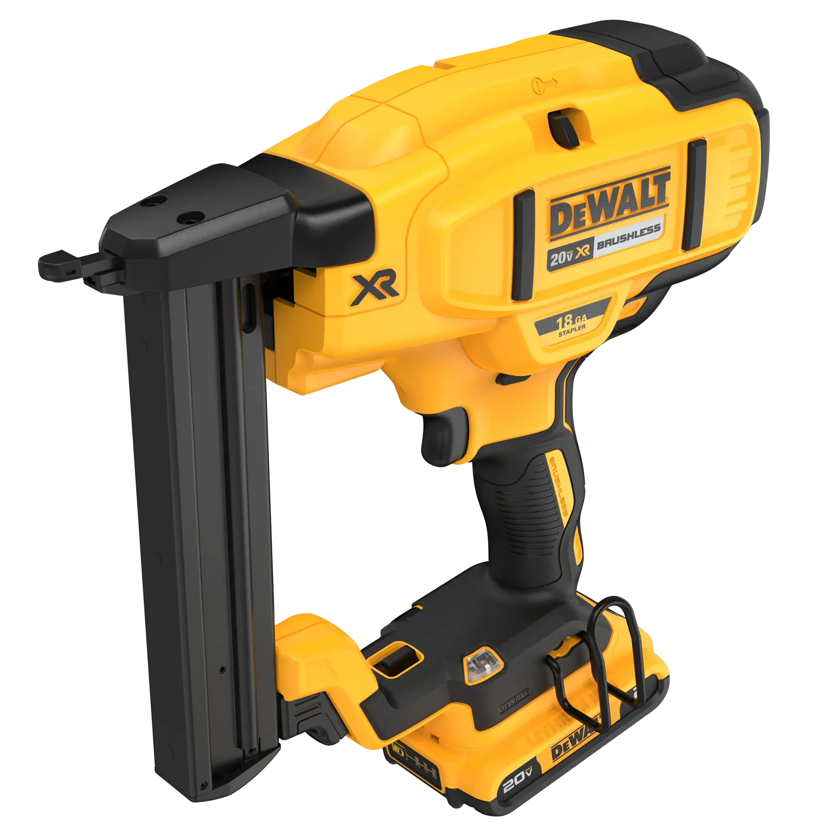 DEWALT 20V XR cordless 18 gauge stapler in yellow and black, designed for construction and woodworking projects.