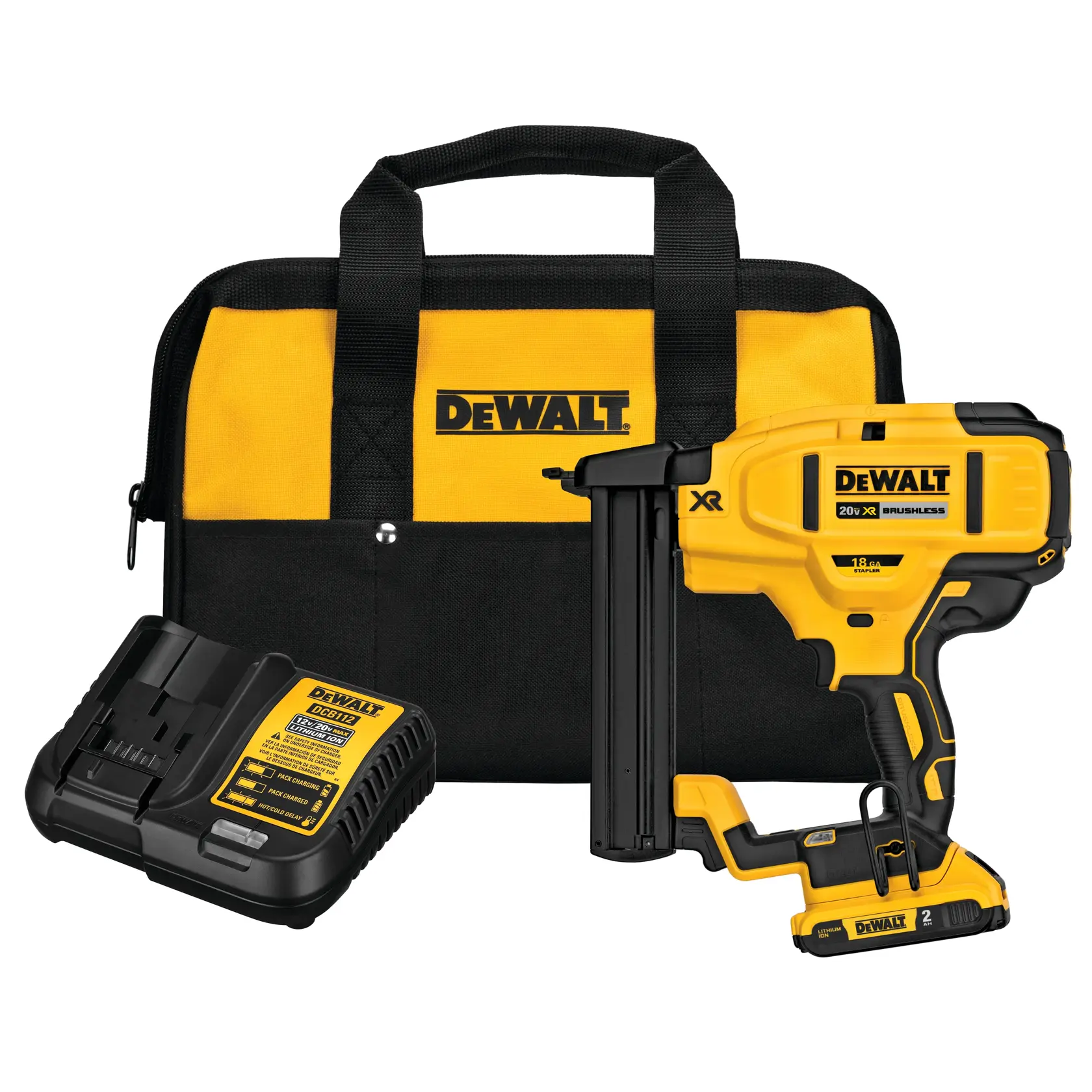 A DEWALT cordless nailer kit including a yellow and black carrying bag with the DEWALT logo, a battery charger, and a yellow DEWALT 20V XR brushless nail gun with a battery.