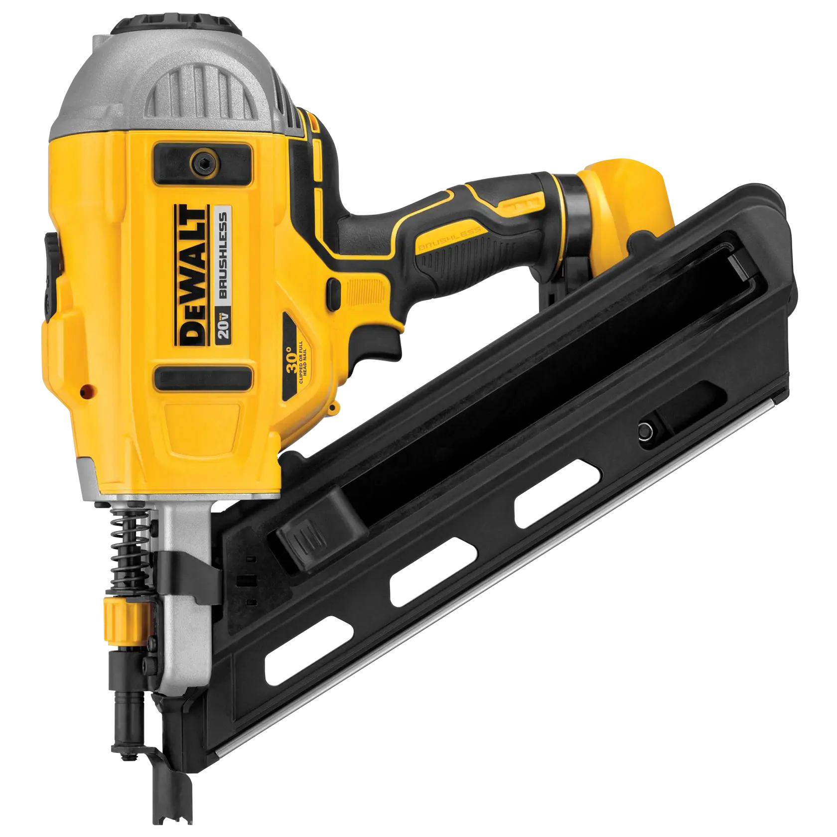 A DEWALT 20V brushless cordless framing nailer is shown. It has a yellow and black body with a comfortable grip and an angled magazine for nails.