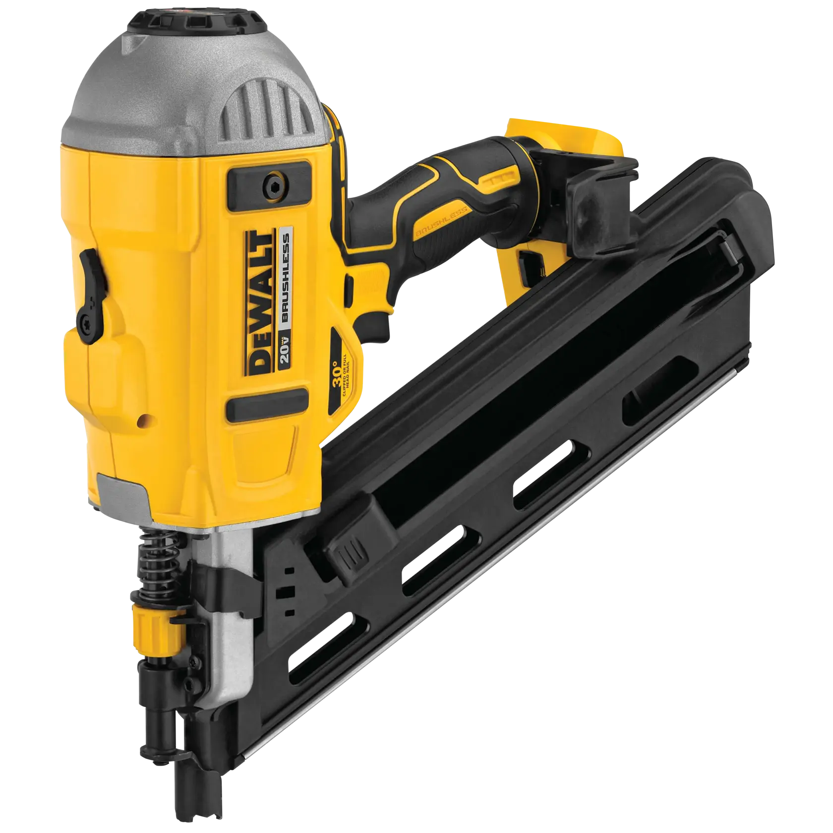 A DEWALT 20V cordless brushless framing nailer with a yellow and black design, featuring a 30-degree angled magazine.