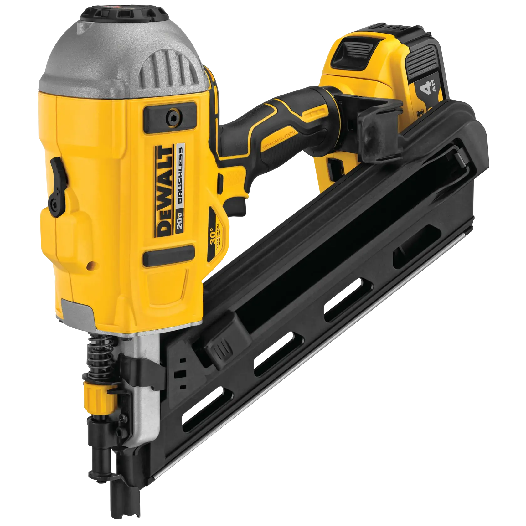 A DEWALT 20V cordless framing nailer with a yellow and black design, featuring a brushless motor and a magazine for framing nails.